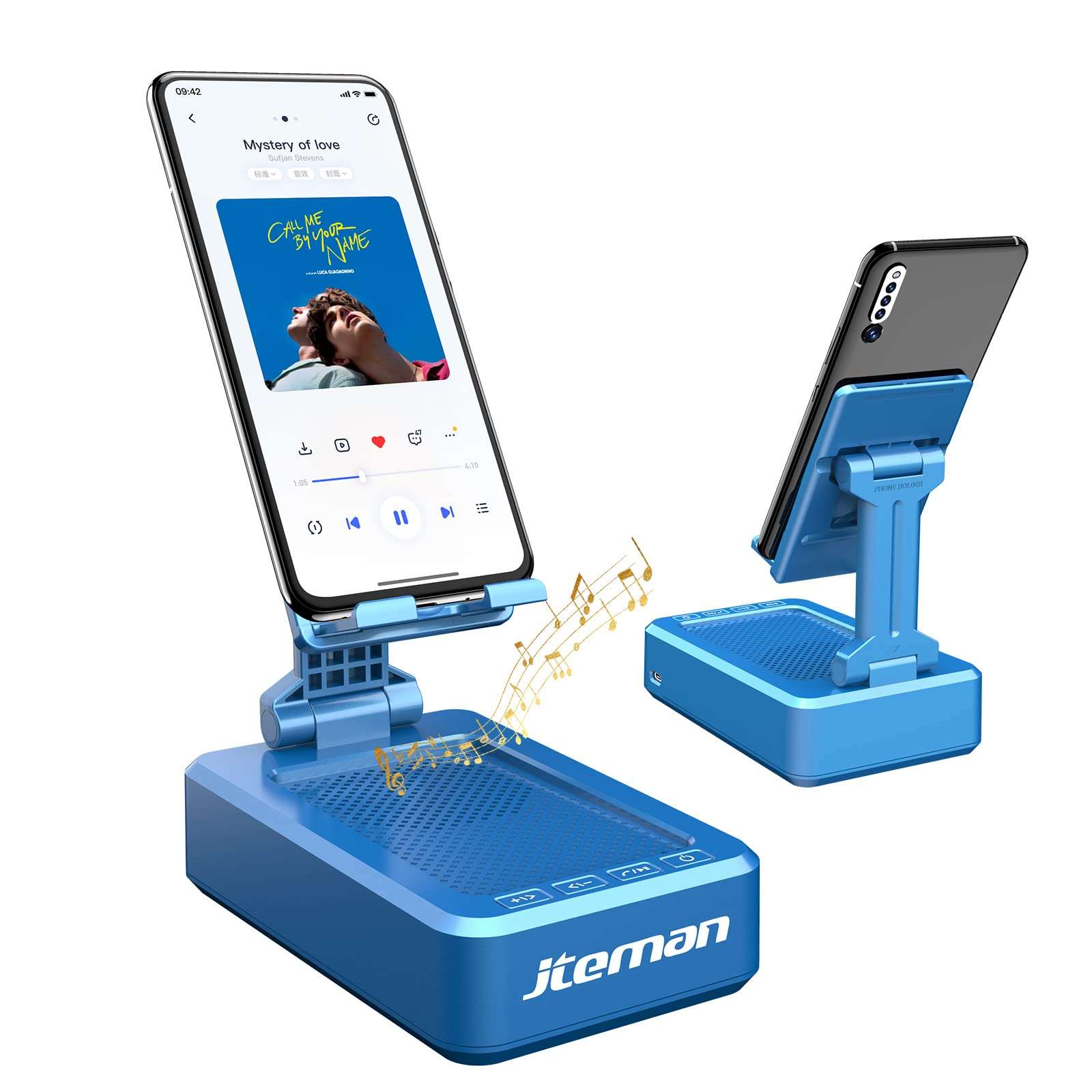 JTEMAN Cell Phone Stand with Wireless Bluetooth Speaker,Kitchen Gadgets for Men,Perfect for Home and Outdoors with Bluetooth Speaker for Desk Phone Holder Compatible with Most Smart Phones - Blue 1