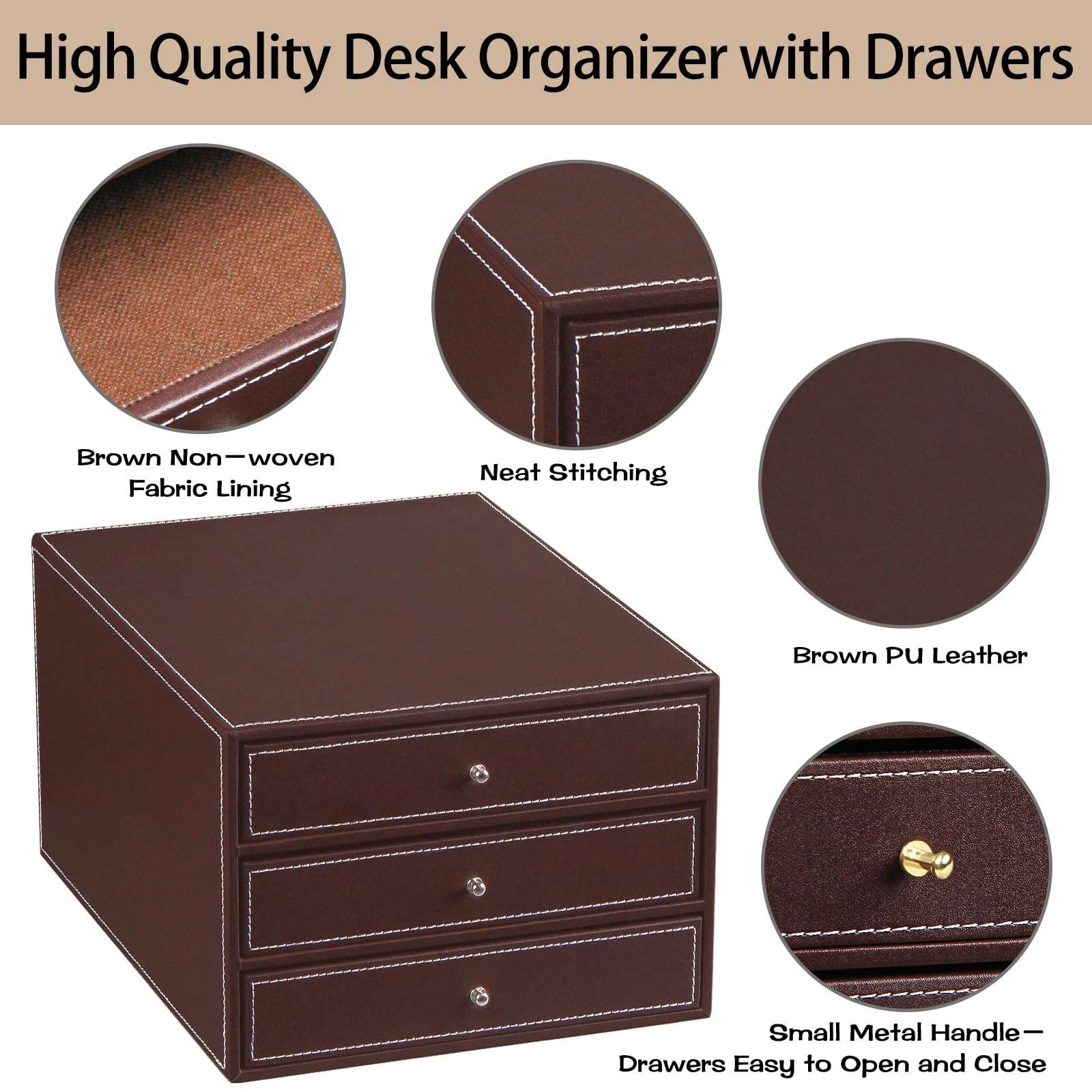 Desktop Organizer with Drawers,3 Drawer Office Desk Organizer,PU Leather Desktop Storage for Office Supplies/A4 Paper/Magazine/Book,for Office School Home 5