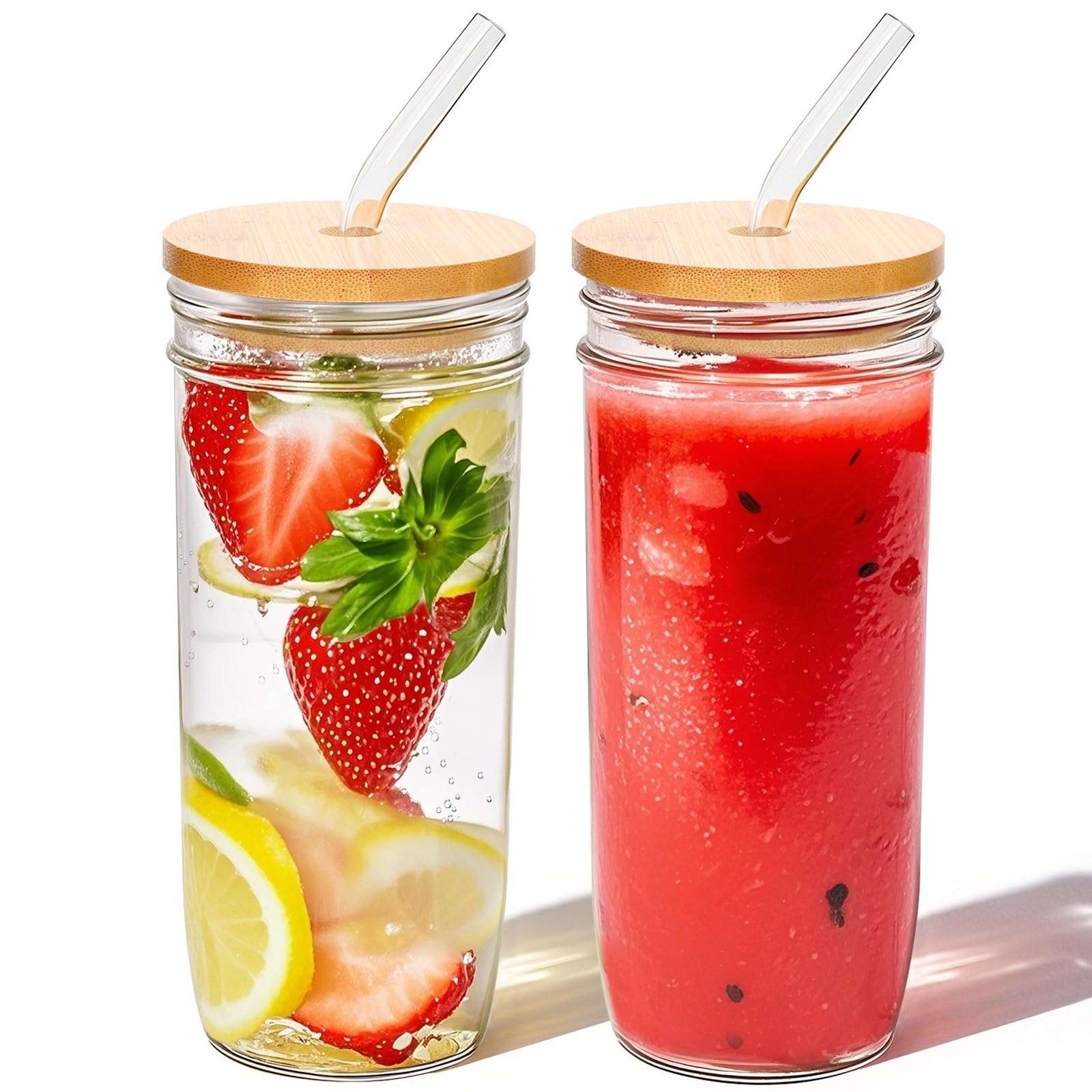 VVXAMI 2 Pcs Glasses Drinking Set - 25oz Glass Cups With Lids And Straws,Glass With Lids,Glasses Drinking Set,Smoothie With Lids And Straws,Iced Coffee Cup,Boba Cups,Gift 1