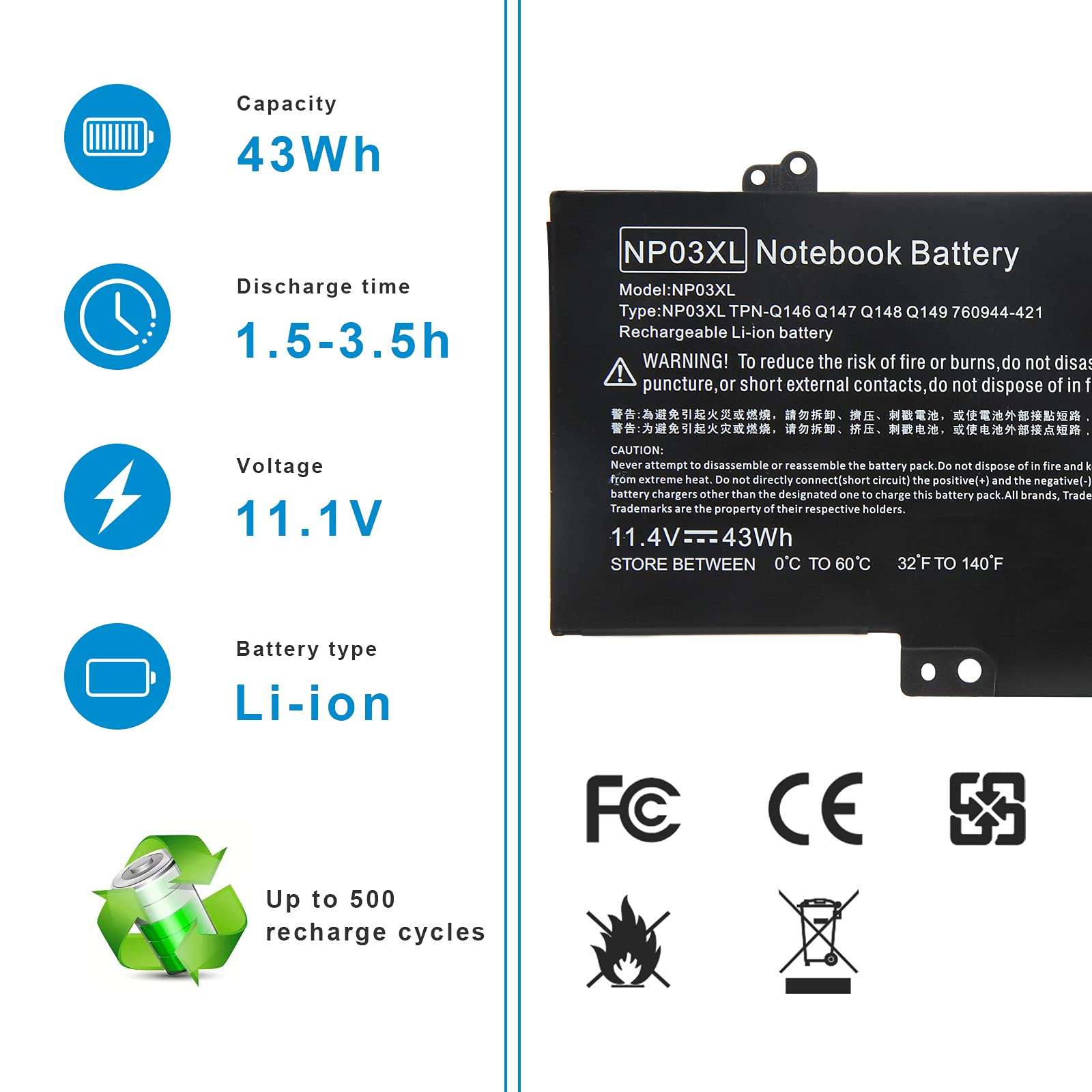 ARyee 43Wh 11.4V NP03XL Battery Laptop Battery Replacement for HP Pavilion X360 13-A010DX 13-b116t HP Envy 15-U010DX 15-U337CL 15-U050CA; fit for 760944-421 761230-005 HSTNN-LB6L TPN-Q146 TPN-Q147 TPN 2