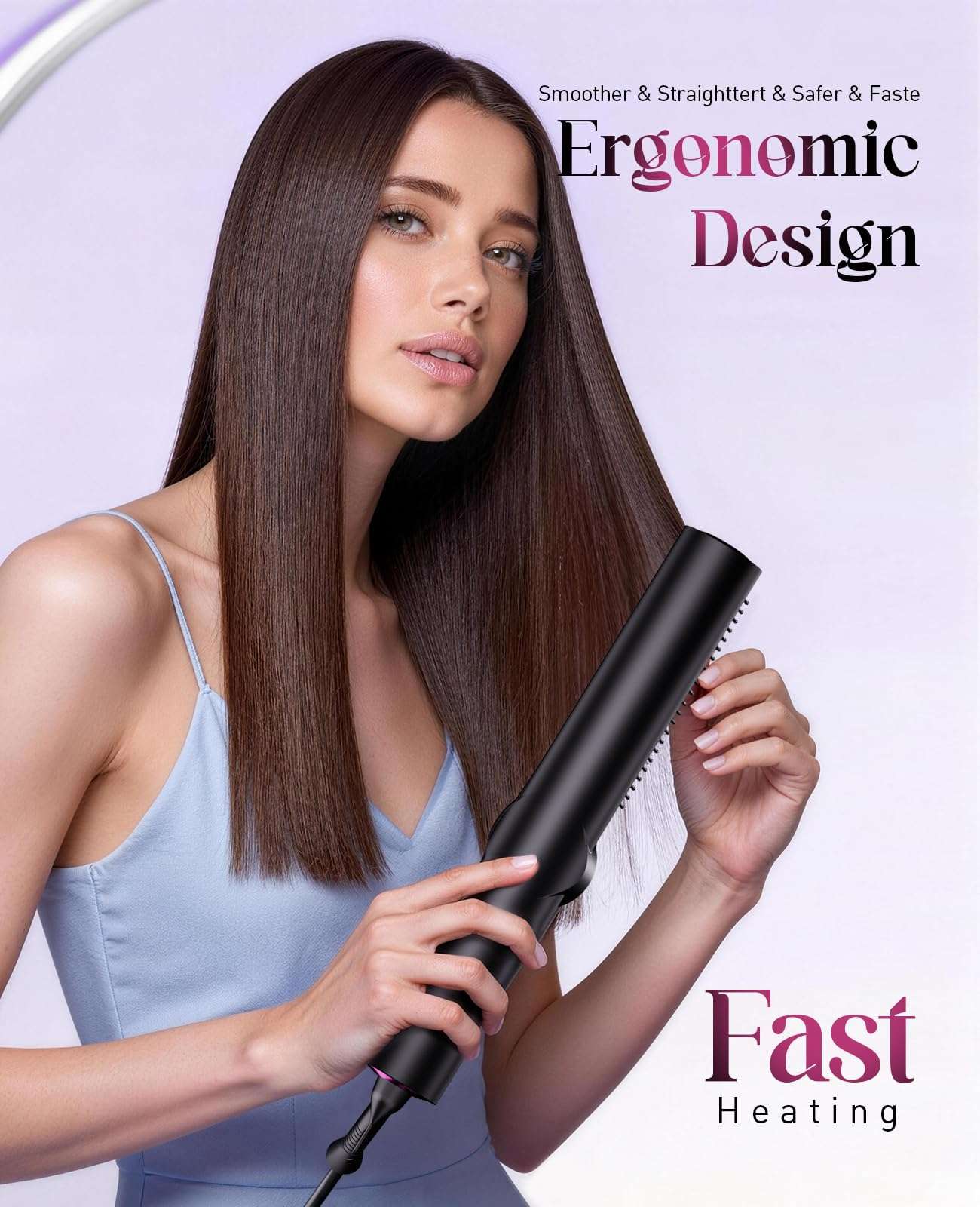 Hair Straightener Brush: Ionic Hair Straighteners for Women with 15 Temps, Straightening Brush Fast Heating with LED Display & Dual Voltage 6