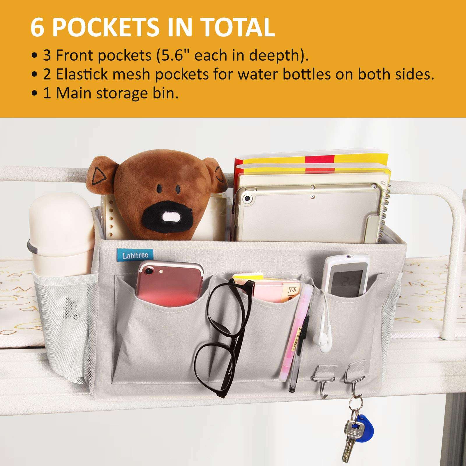 Labitree Bedside Caddy, Hanging Storage Organizer 6 Pockets Canvas Bag for Bunk, College Dorm Bed, Bed Rails with Magazine Phone Tablet Water Bottle Holder, Grey 3
