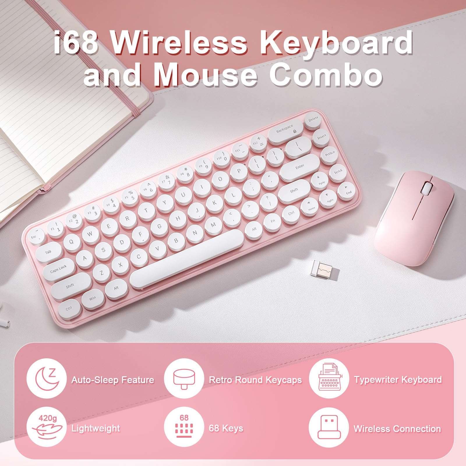 MIKIBY i68 Wireless Typewriter Keyboard and Mouse Combo,Pink Keyboard with 2.4GHz Connection, Cute Retro Aesthetic Design Round Keycaps for Tablet, Phone, PC and Win/Mac/Android(Pink) 3