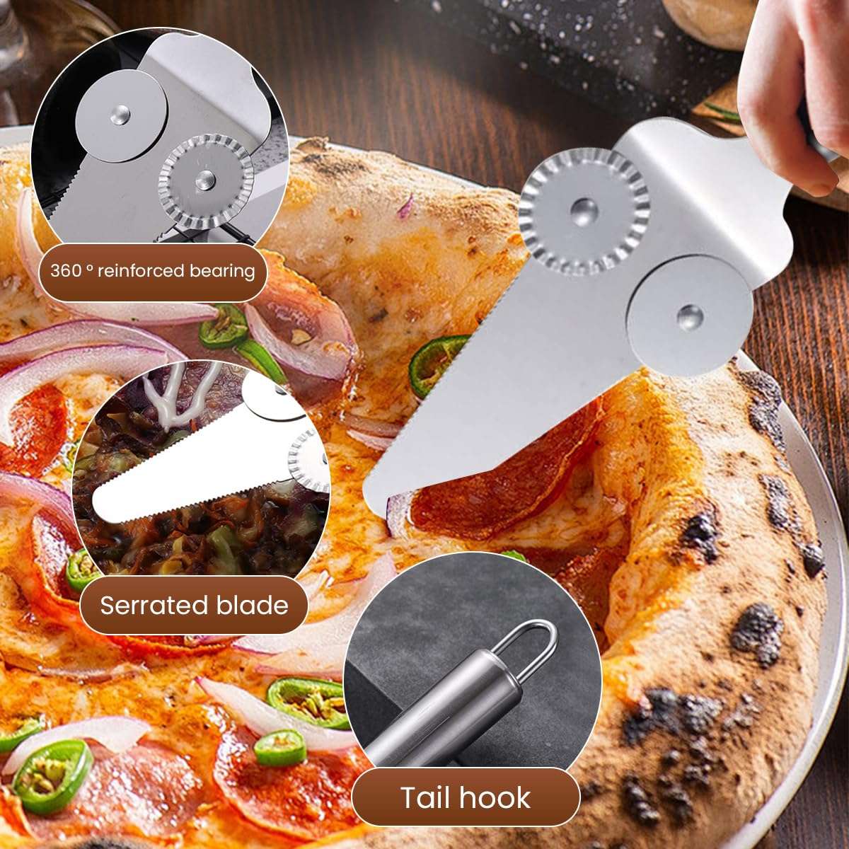 HASTHIP® 2-In-1 Pizza Cutter for Kitchen Stainless Steel Kitchen Cutter with Food Grade Non Slip Ergonomic Handle, Pizza Shovel Wheel for Pizza Sandwich Paratha Chapati and Birthday Cake 5