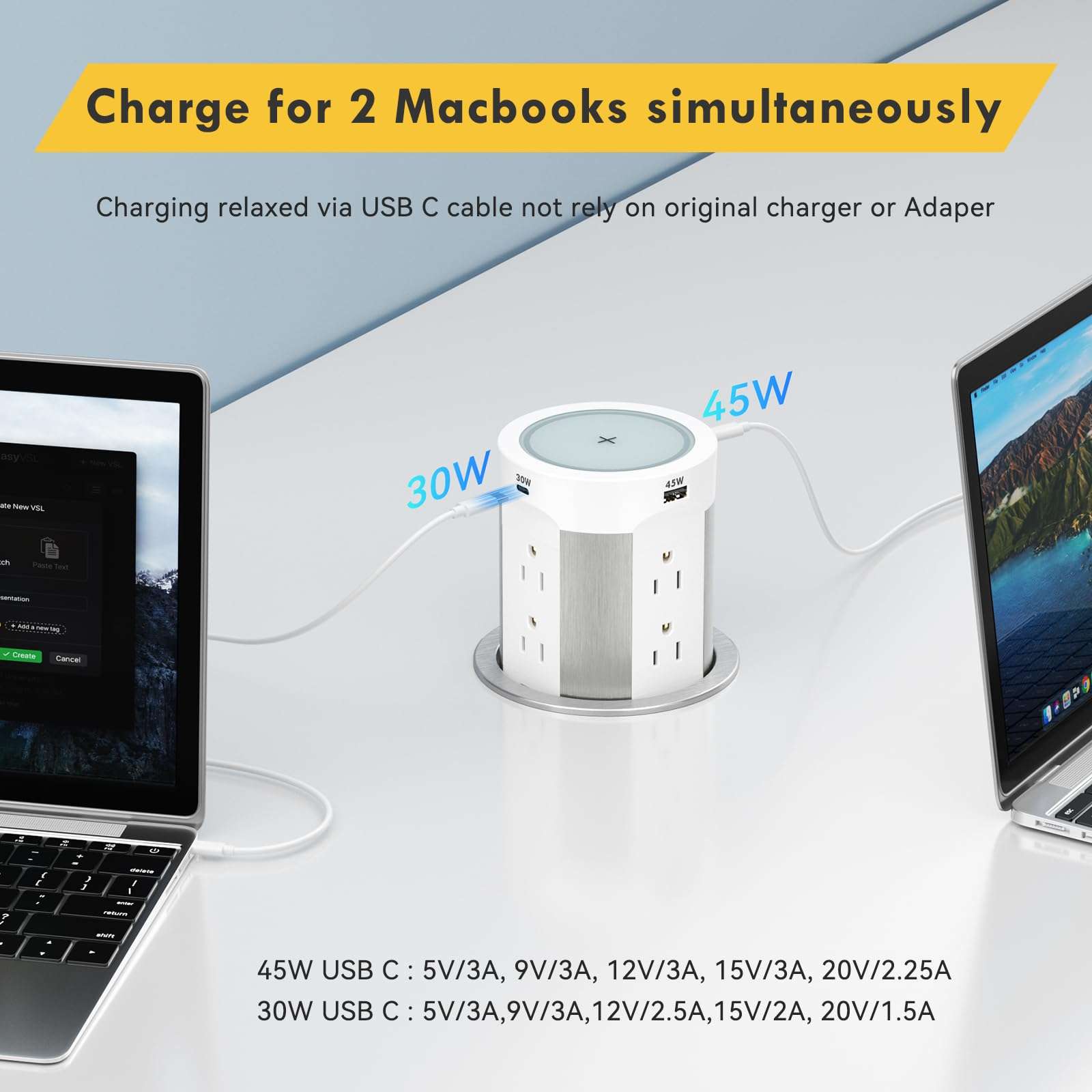 Kungfuking Pop Up Outlet for Countertop Kitchen, 15W Wireless Charger, 75W USB C Counter Top Electrical Power, 8 Outlets & 4 USB Ports, 4"Hole Recessed Popup Outlet for Island Conference Table Office 6