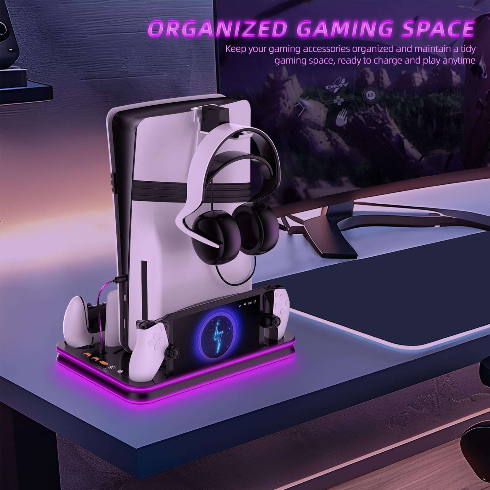 JDDWIN PS5 Pro / PS5 Slim/Stand and Cooling Station with LED Controller Charging Station PS5 Slim/Pro Horizontal Stand for Disc & Digital Editions Console 6