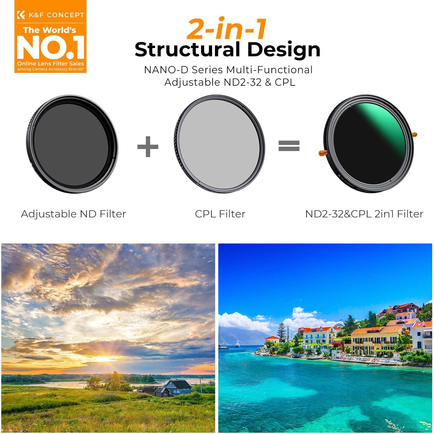 K&F CONCEPT 49mm Variable Fader ND2-32 ND Filter and CPL Circular Polarizing Lens Filter in 1 for Camera Lens Waterproof Neutral Density Polarizer Filter (Nano-D Series) 2