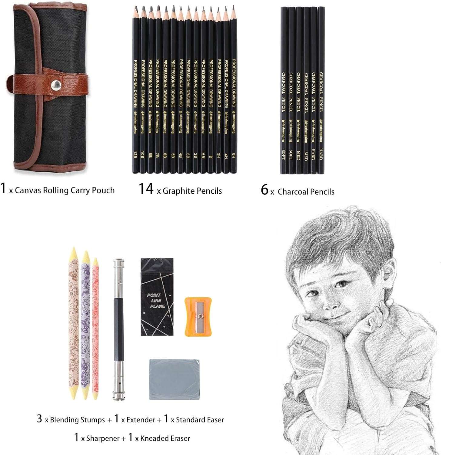 VANDU 29 Drawing Sketching Pencils Kit, Portable Artist Supples Travel Case Set has Graphite, Charcoal, white color pencil, Blending Stump, gift for Adults Beginners for Drawing Sketch 3