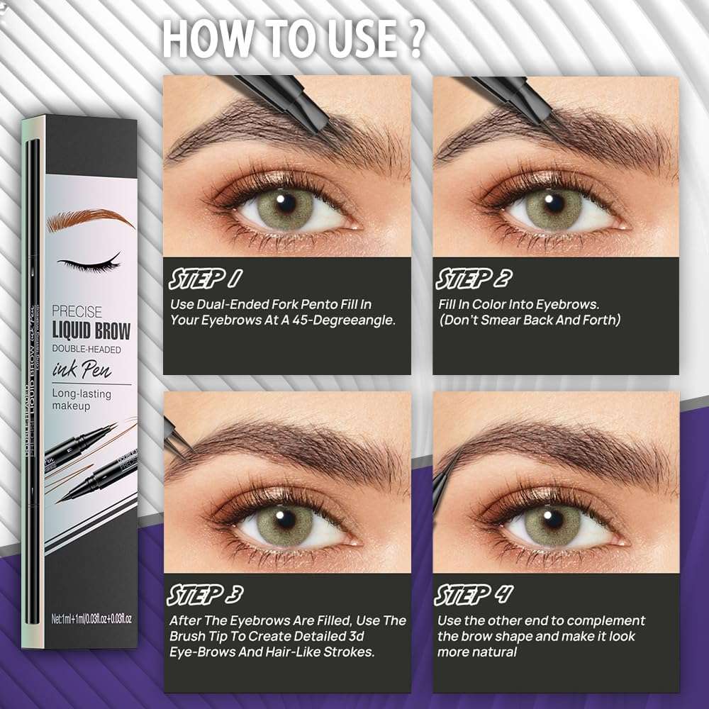 Pinkiou Microblading Eyebrow Pen, 2-In-1 Waterproof Eyebrow Pen, Dual-Ended Eyebrow Pen with 2-Fork-Tips and Precision Brush, Eyebrow Pen for Natural Hair-Like Brows, Long Lasting, Black Brown 6