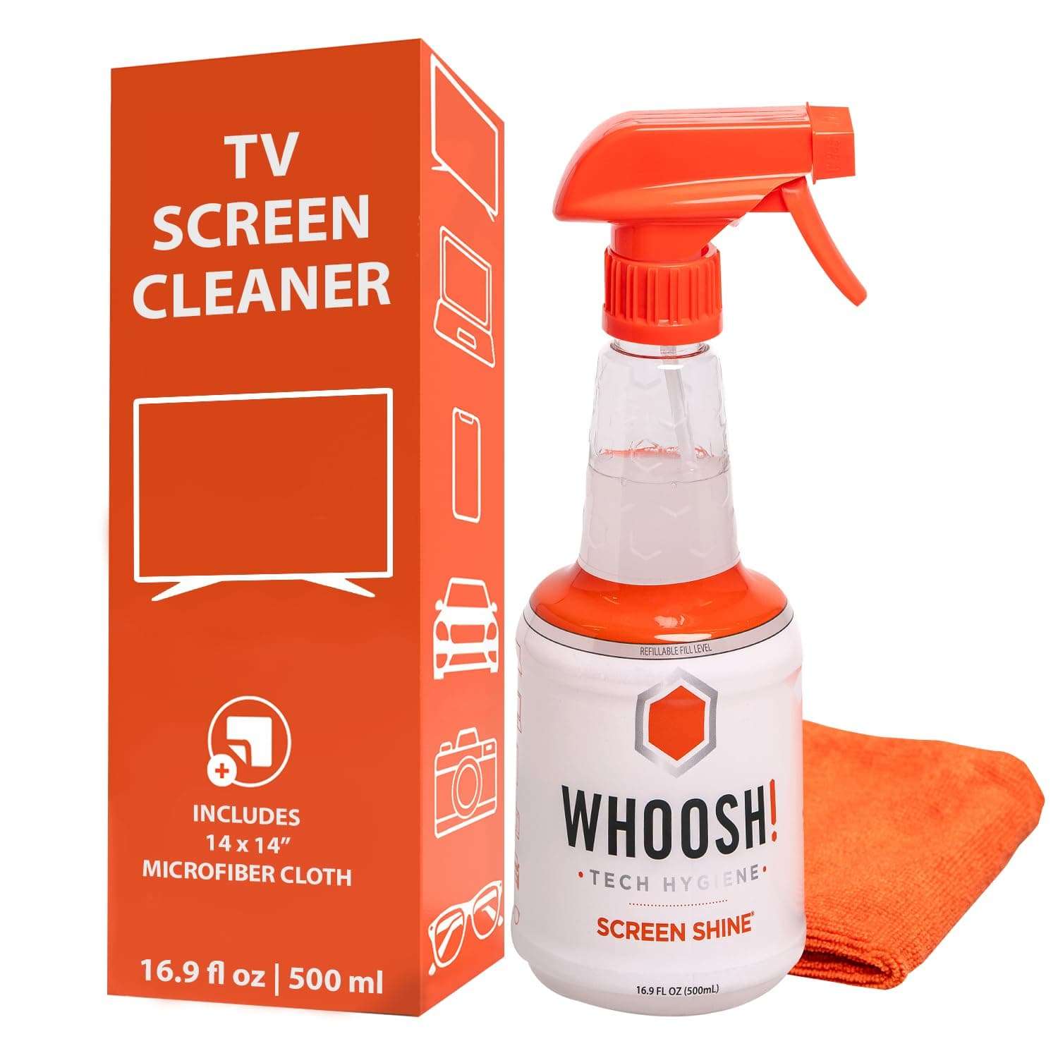 WHOOSH! Pro 16.9 fl oz Refillable TV Screen Cleaner & Microfiber Cloth - Streak-Free Cleaner for Flat Screens, OLED, LCD, Smart TV, Monitors - Non-Toxic, Odorless - Electronics Cleaning Kit 1