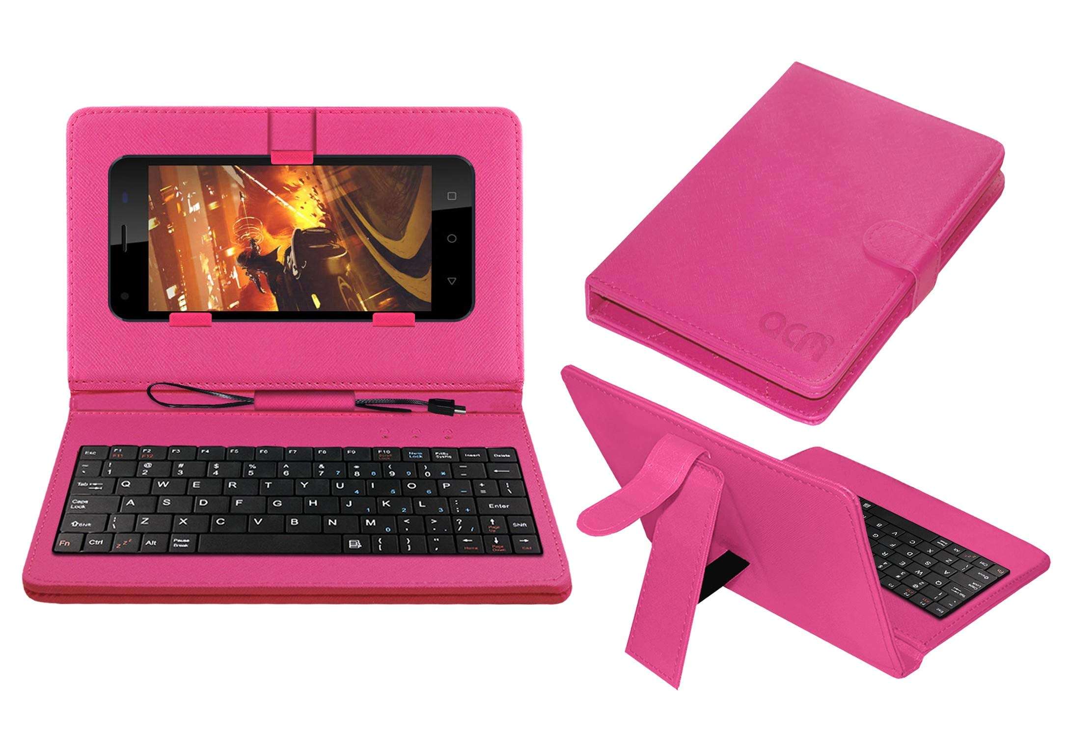 ACM Keyboard Case Compatible with Ziox Astra 4g Mobile Flip Cover Stand Plug & Play Device for Study & Gaming Pink 1