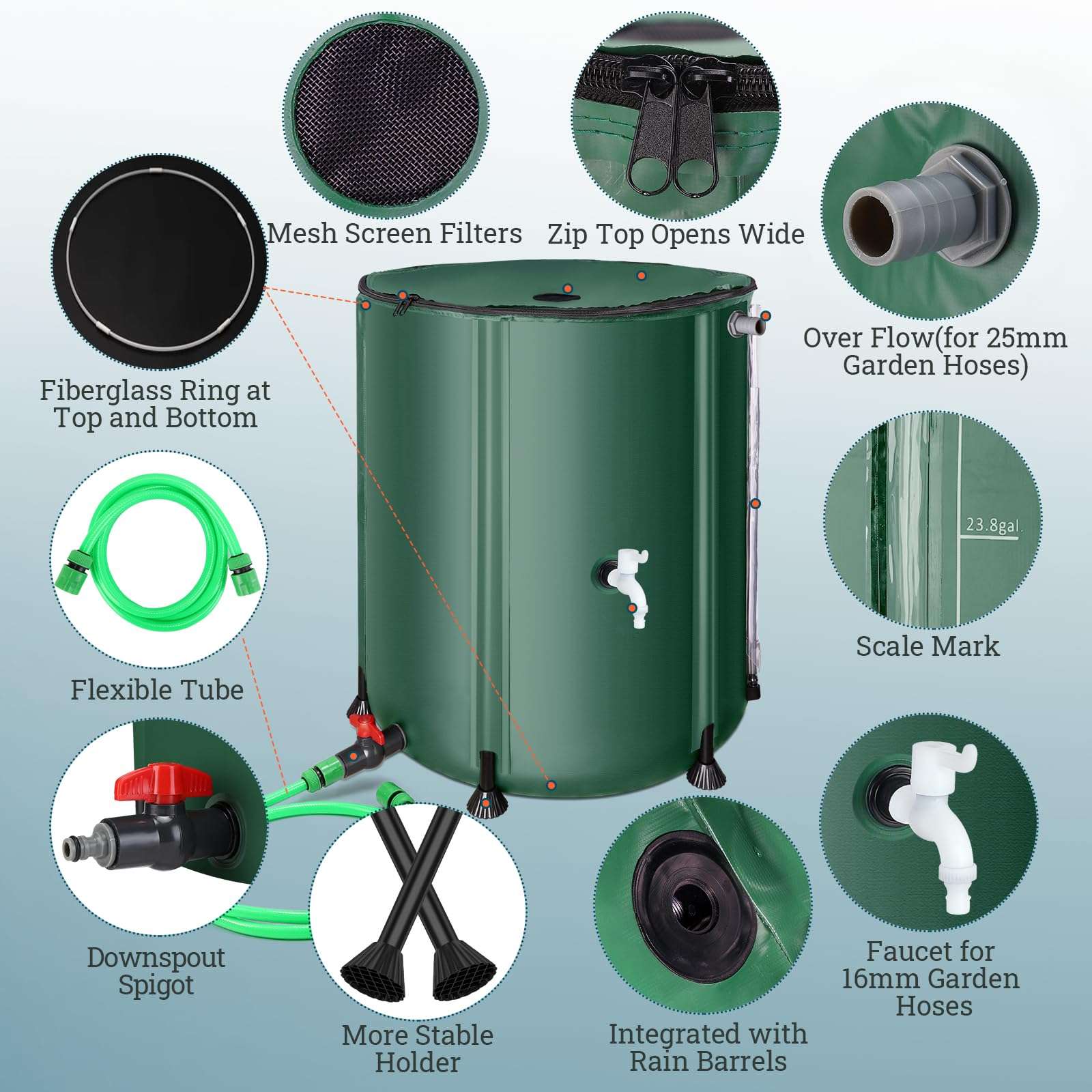 53 Gallon Collapsible Rain Barrel for Garden/Outside/Lawn, Portable Rainwater Collection System, Rain Barrel to Collect Rainwater from Gutter, Water Storage Tank with Two Spigots & Overflow Kit, Green 6