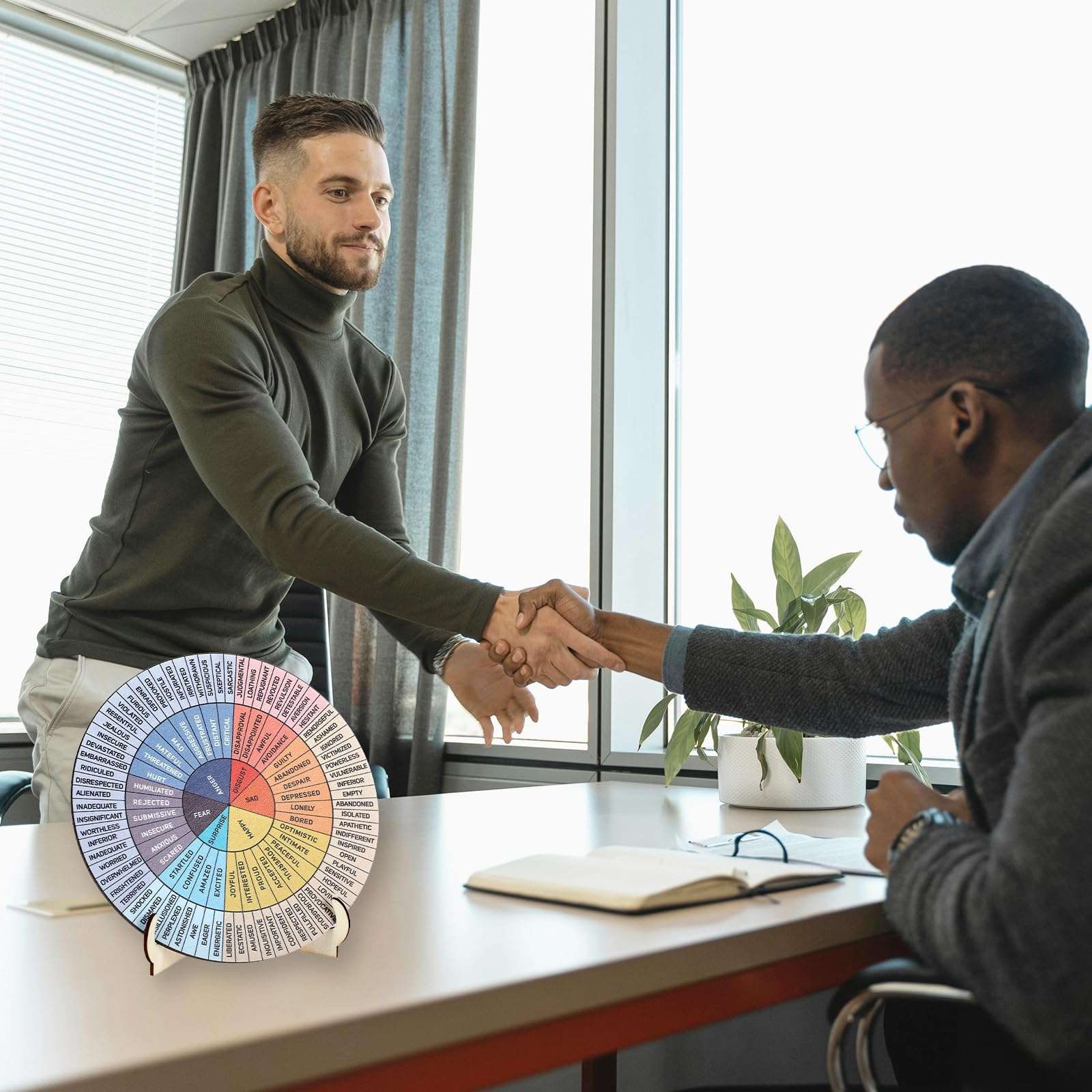 Qianyu Feelings Wheel Therapy Office Desk Decor Double Sided Mental Health Office Decor with Stand Round Therapy Emotions Chart Wheel for Home School Counselor Counseling Therapist Therapy 5