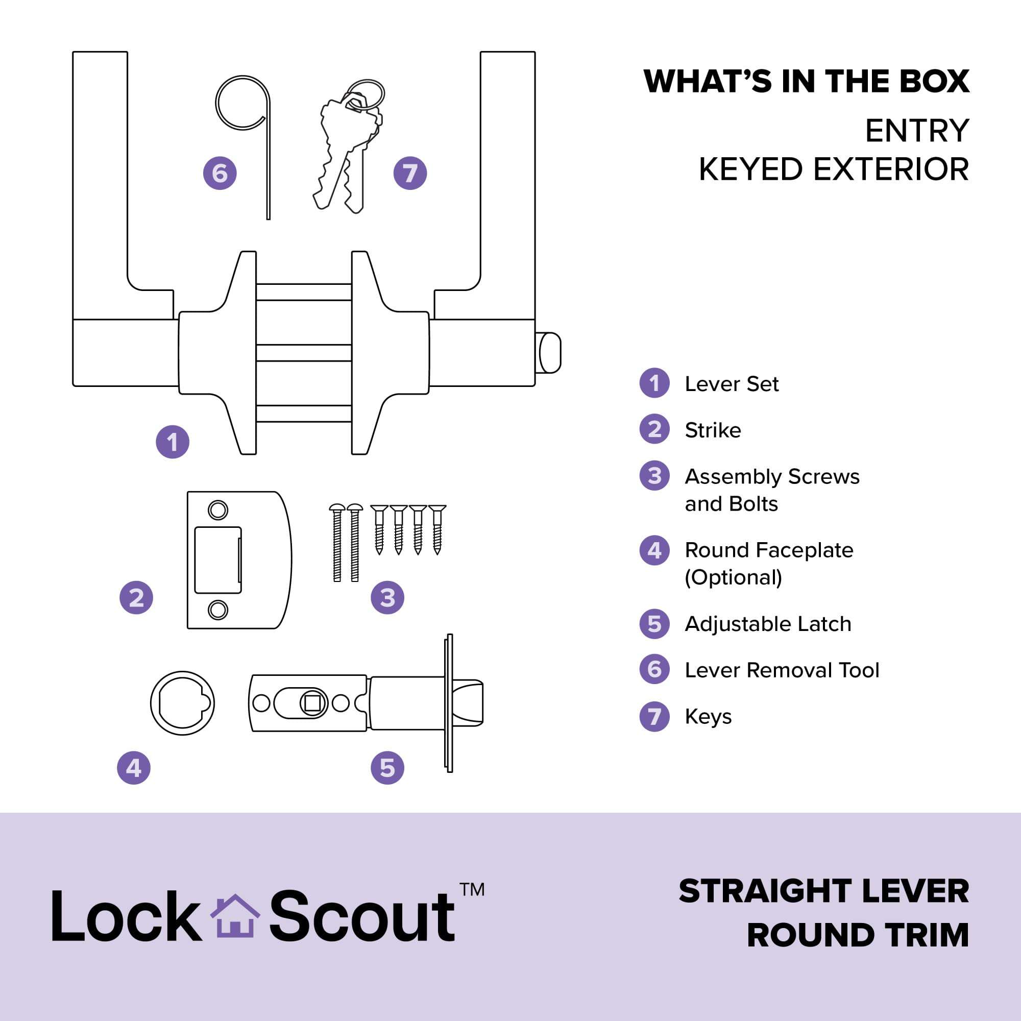 Lock Scout Straight Lever with Round Trim Keyed Entry Door Handle and Single Cylinder Deadbolt, Matte Black Finish 5