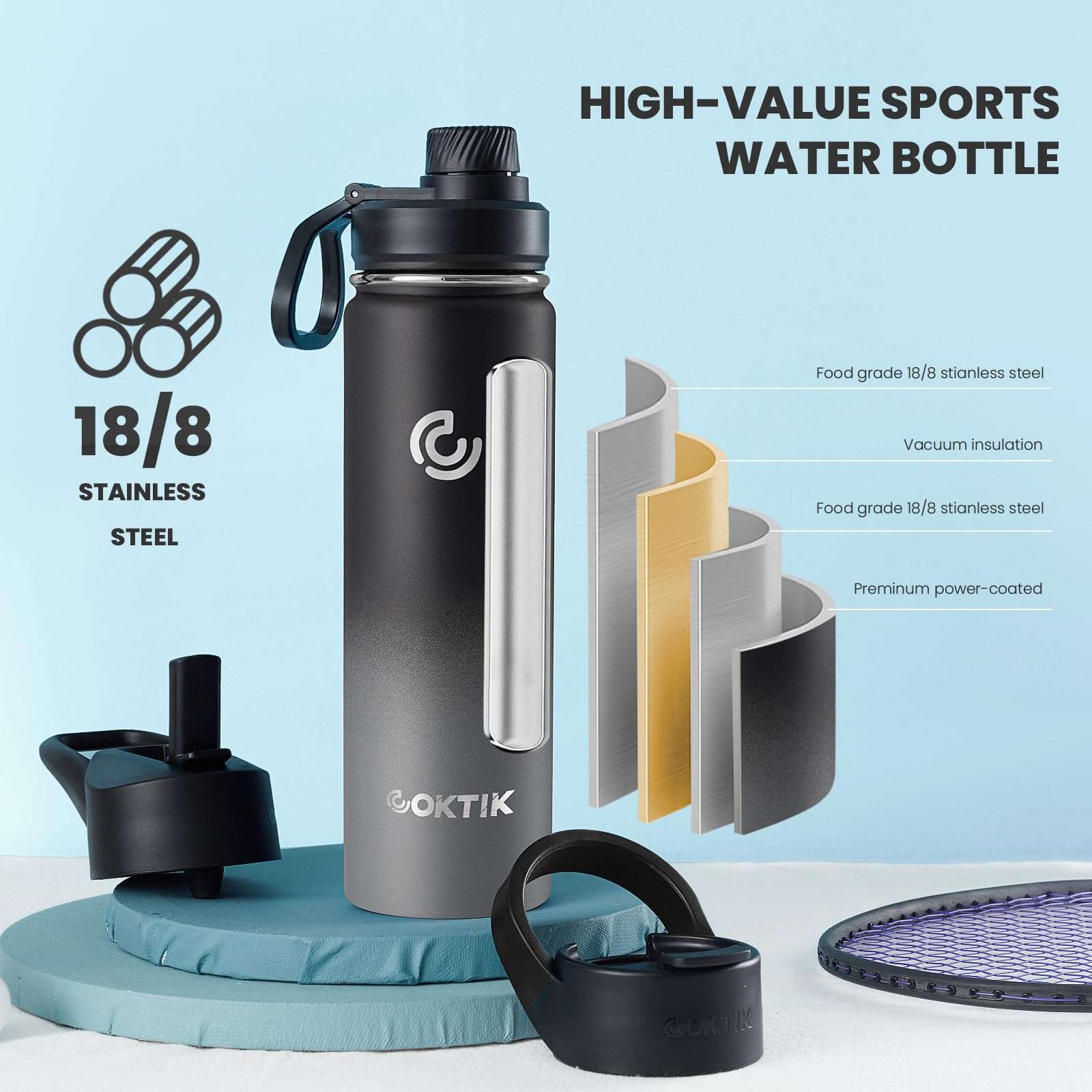 COKTIK Insulated Stainless Steel Water Bottle With Straw Lid, 22 oz Wide Mouth Double Wall Vacuum Insulated Water Bottle Leakproof Lightweight for Hiking, Biking, Running(Gray Gradient) 3