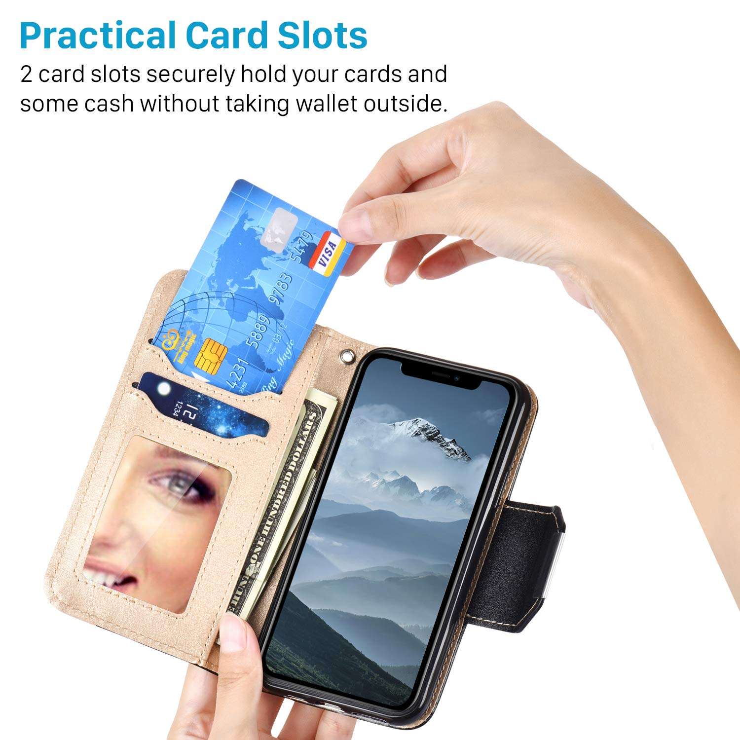 WORLDMOM for iPhone 11 Case,for iPhone 11 Wallet Case with Mirror Stand Credit Card,Double Color Style Faux Leather Slot Flip Cover Case Compatible with iPhone 11 6.1 Inch, Black 4