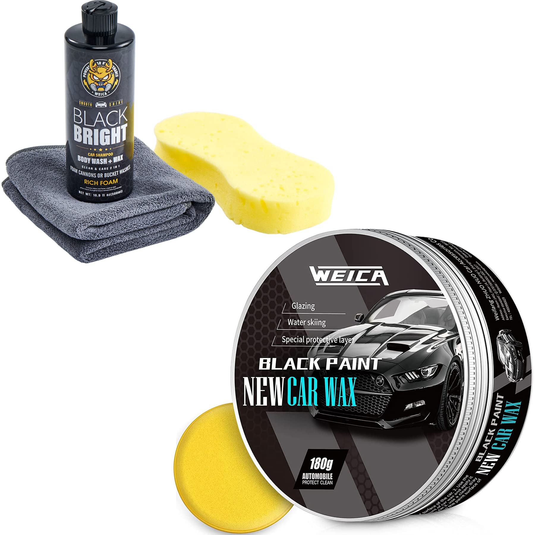 WEICA Car Wax Black Solid for Black Cars, Carnauba Car Wax Kit Cleaner, Ceramic Wash & Wax Car Soap for Black Car Clean & Shine in One Step,Rich Foaming Car Shampoo