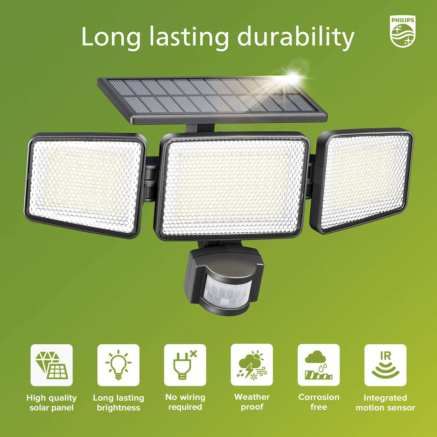 Philips Solar Security Light Outdoor，Solar-Powered Waterproof Wall-Mounted Flood Light w/PIR Motion Sensor,IP65 Waterproof, 3 Modes 3