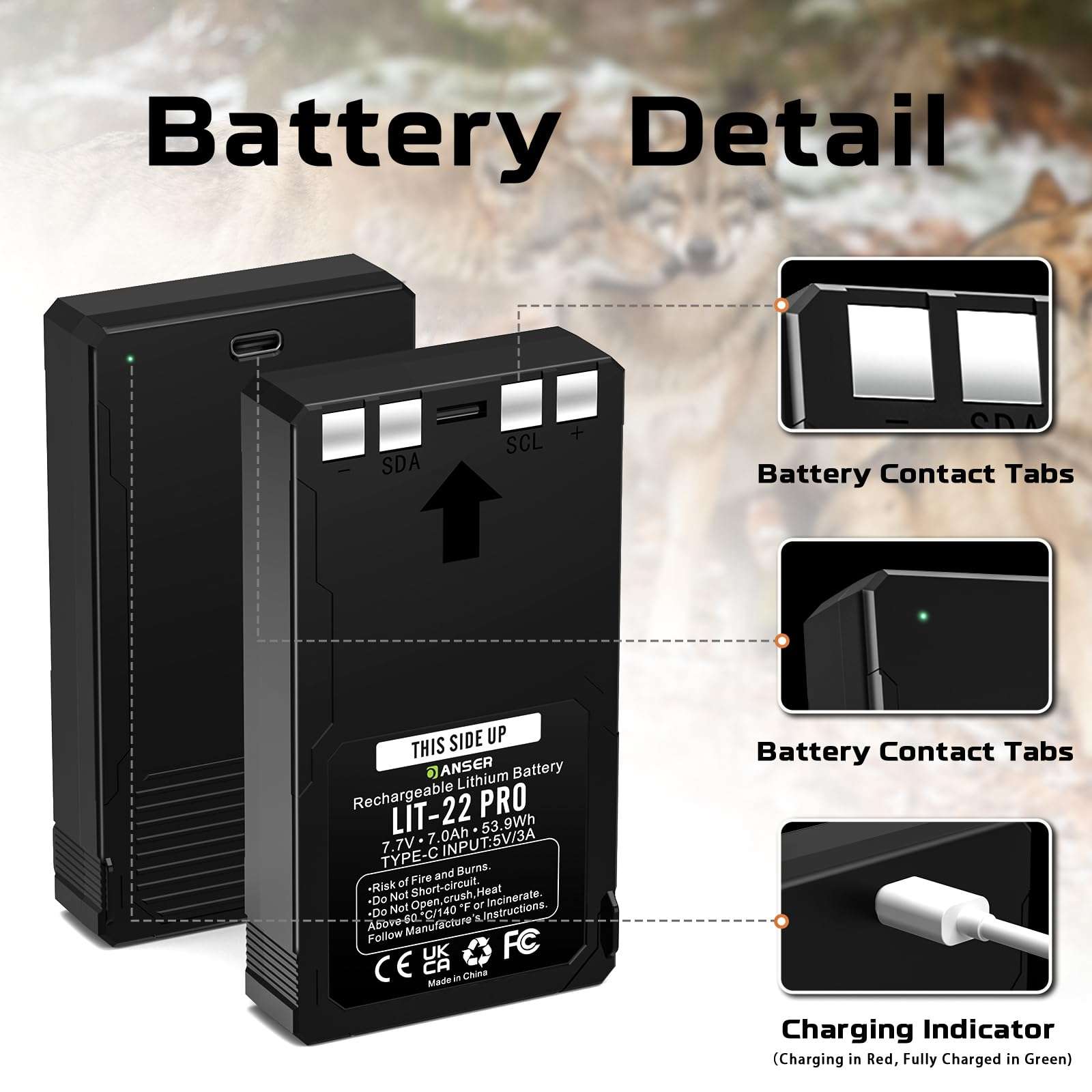 OANSER LIT-22 Rechargeable Lithium Battery 2 Pack, 7000mAh LIT-22 Hunting Trail Camera Replacent Battery for Spypoint Cellular M,Dark,S-Dark,S,G-36,Flex-M/G-36/Plus with Type-C 5