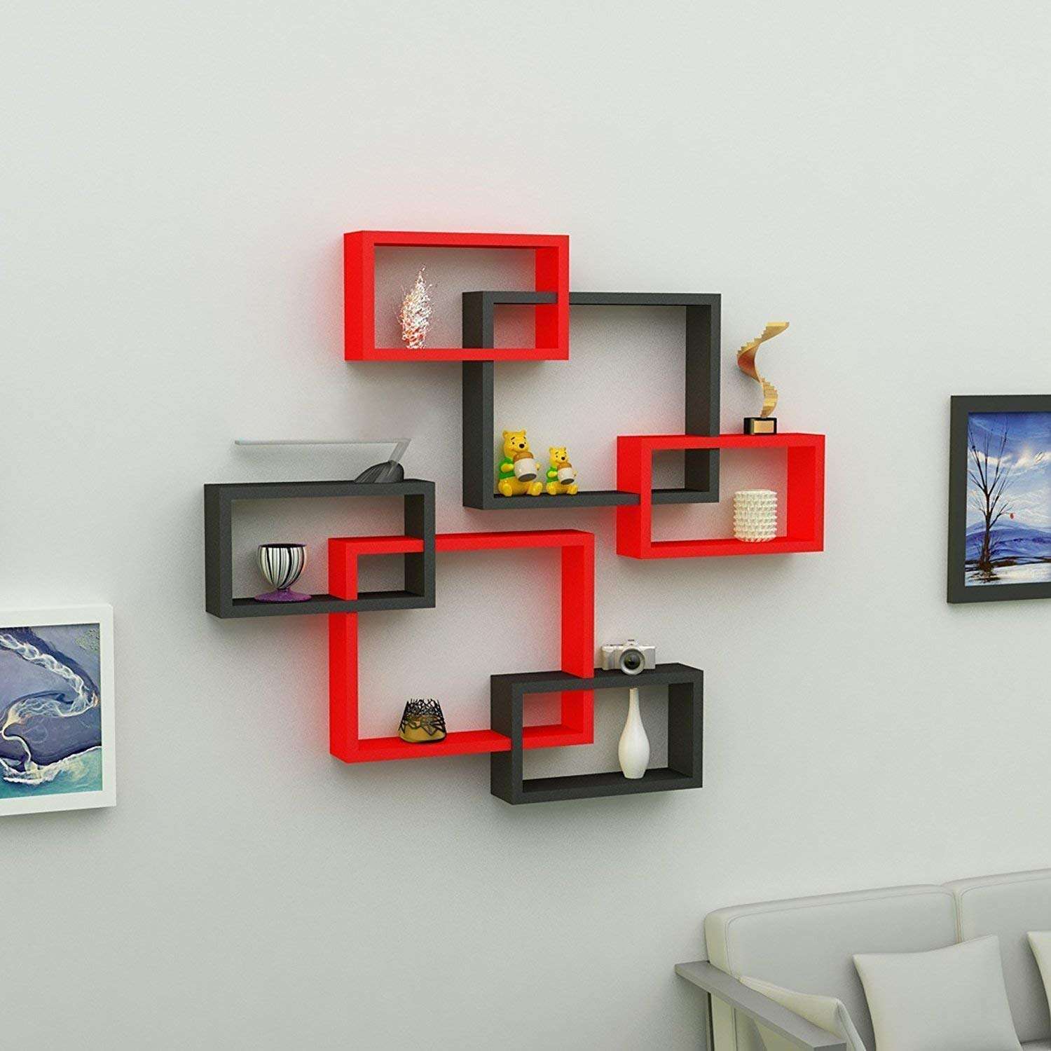 Home Design Mart MDF Rectangular Intersecting Wall Mounted Shelf Set of 6 (Standard, Red & Black) 4