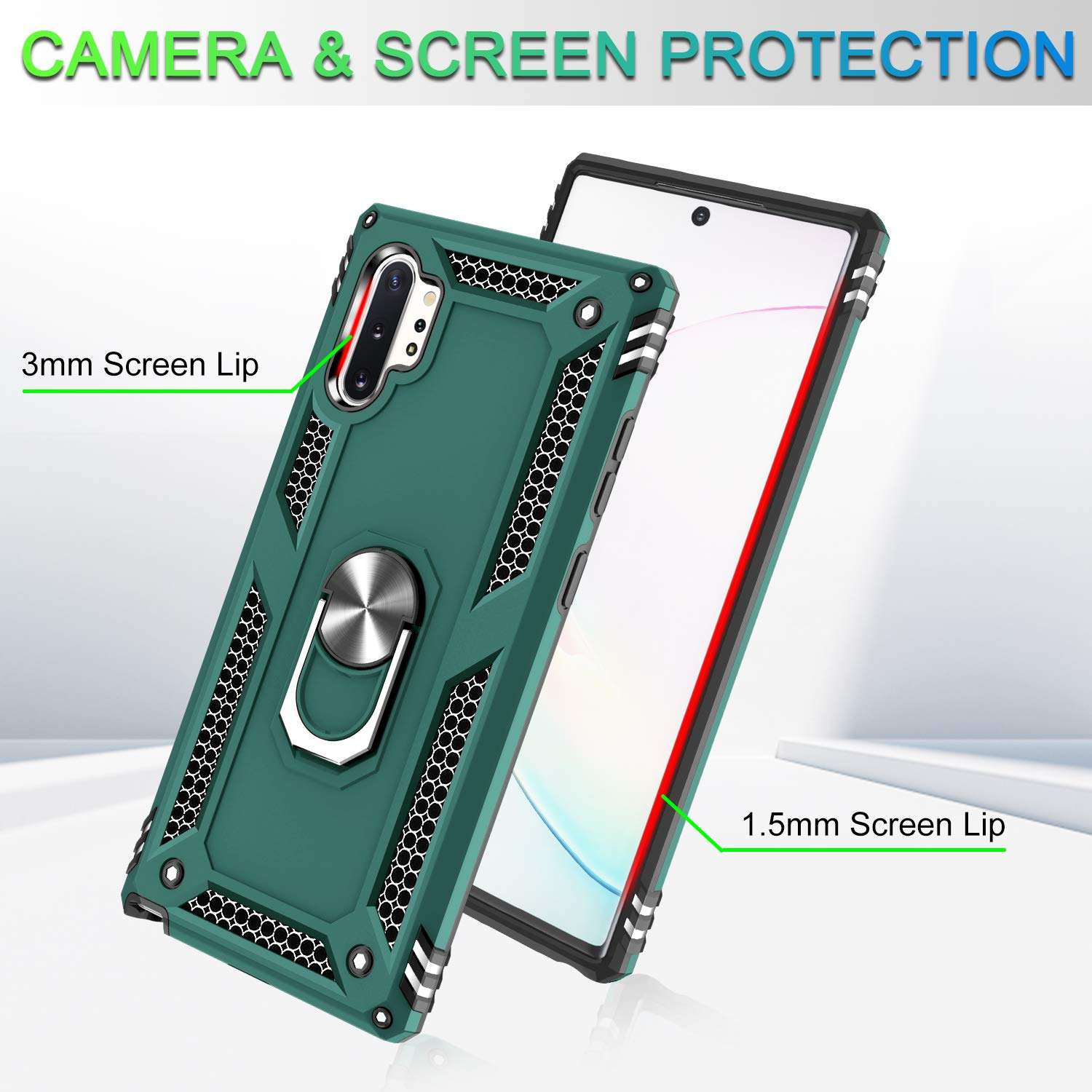 Compatible for Samsung Note 10 Plus Case, for Galaxy Note 10+ Case with Screen Protector [3D PET, 2 Pack], Jshru Rotating Ring Kickstand Protective Case for Samsung Galaxy Note 10 Plus, Midnight Green 5