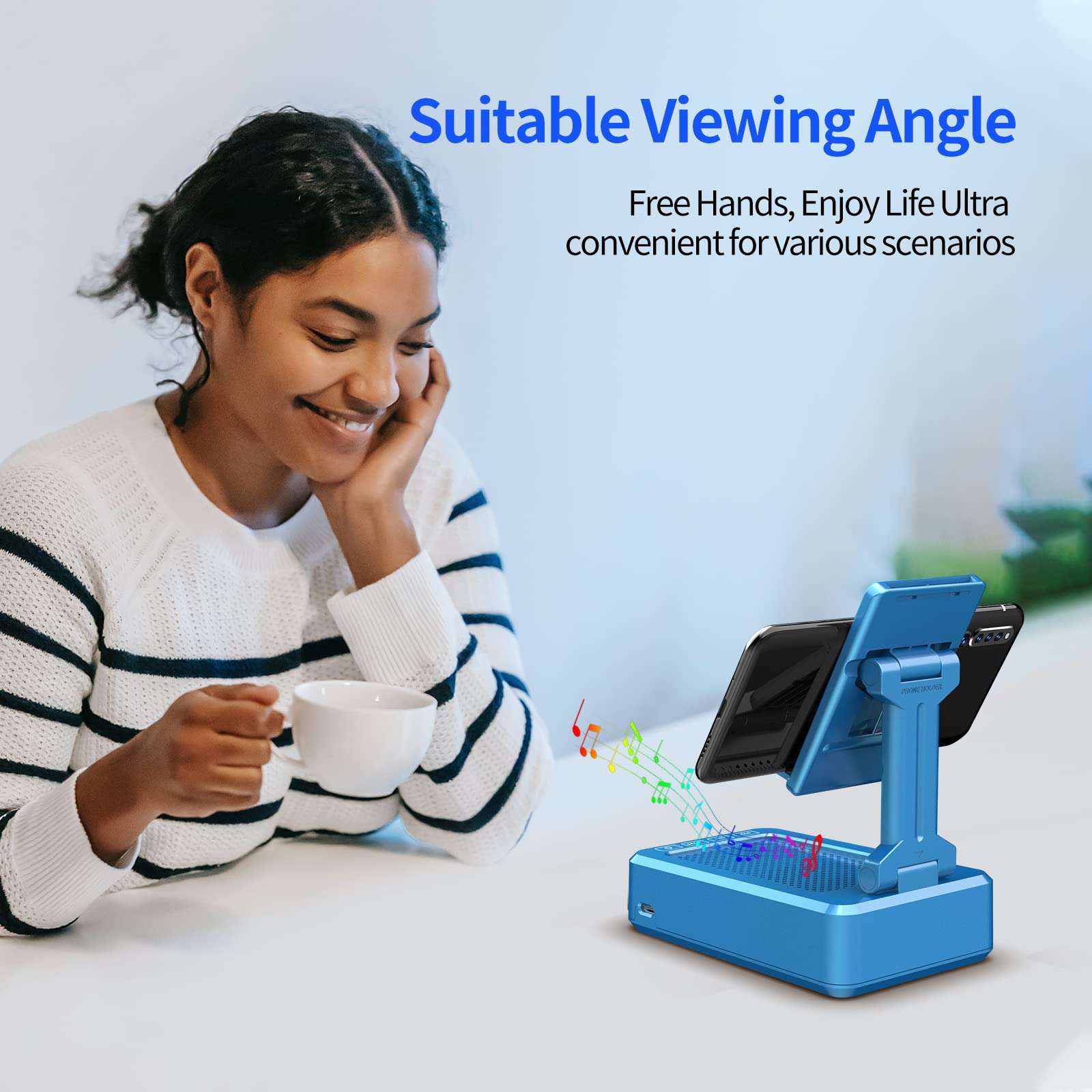 JTEMAN Cell Phone Stand with Wireless Bluetooth Speaker,Kitchen Gadgets for Men,Perfect for Home and Outdoors with Bluetooth Speaker for Desk Phone Holder Compatible with Most Smart Phones - Blue 5
