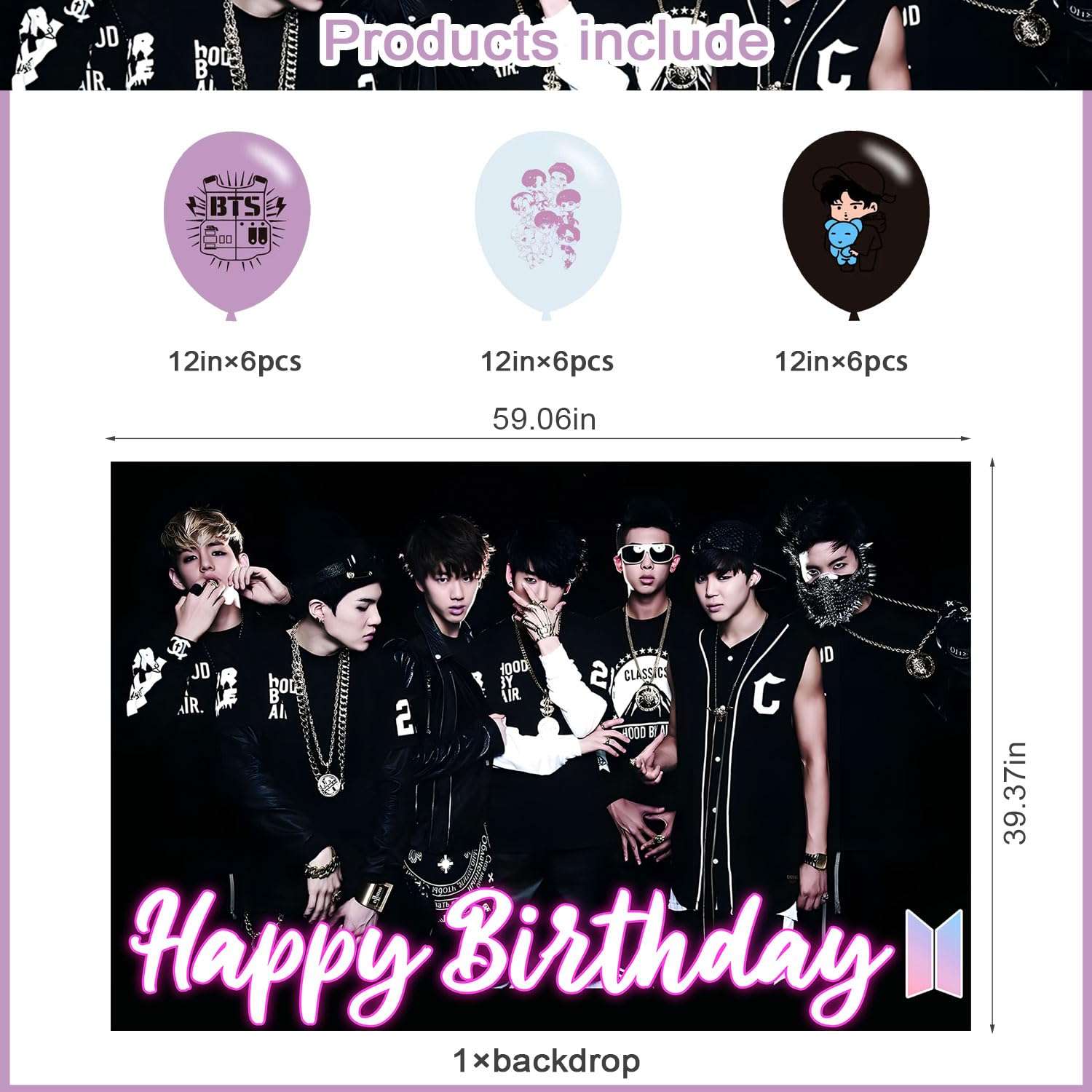 Bangtan Boys Birthday Party Decoration,Boy Band Party Photo Background 5 x 3 FT and 18 Pcs Balloon,Merch Party Backdrop Supplies 3