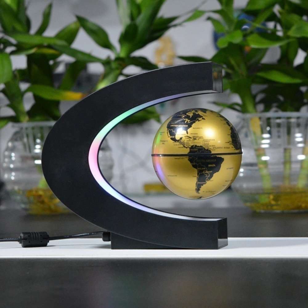 Floating Globe, Arvin Magnetic Levitation Globe Rotating Globe Educational Learning Geographic Political World Map with Funny C Shape Desktop Stand and LED Light for Home School Desk Office Décor Gold 6