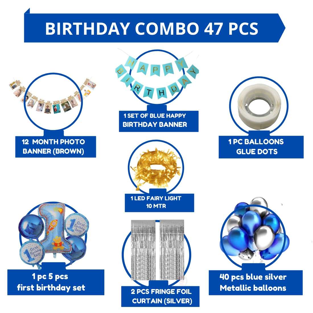 Bubble Trouble Happy Birthday Decoration Kit Pack of 47 Combo with 1 Pc Blue Birthday Banner, 1 Pc Glue Dot , 40 pc Blue Silver balloons for Kids Birthday Decoration Items 3