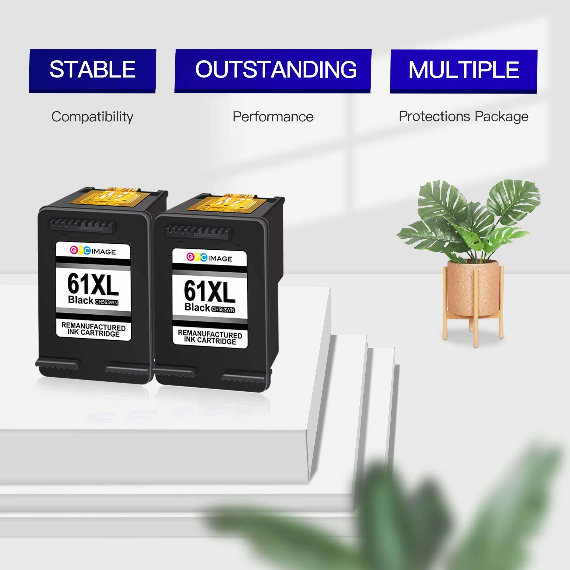 GPC Image Remanufactured Ink Cartridge Replacement for HP Ink Cartridge 61 61XL Ink to use with Envy 4500 Envy 5530 5535 Deskjet 1000 1010 1510 2540 Officejet 2620 4630 4635 (2 Black) 2