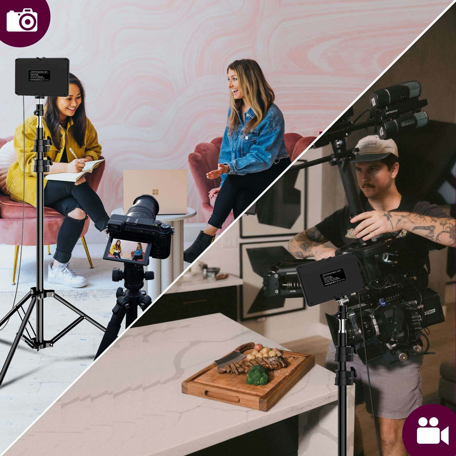 Led Video Lighting Kit Dimmable 5600K USB 70 LED Video Light with Mini Adjustable Tripod Stand and Color Filters for Table Top/Low Angle Photo Video Studio Shooting 5