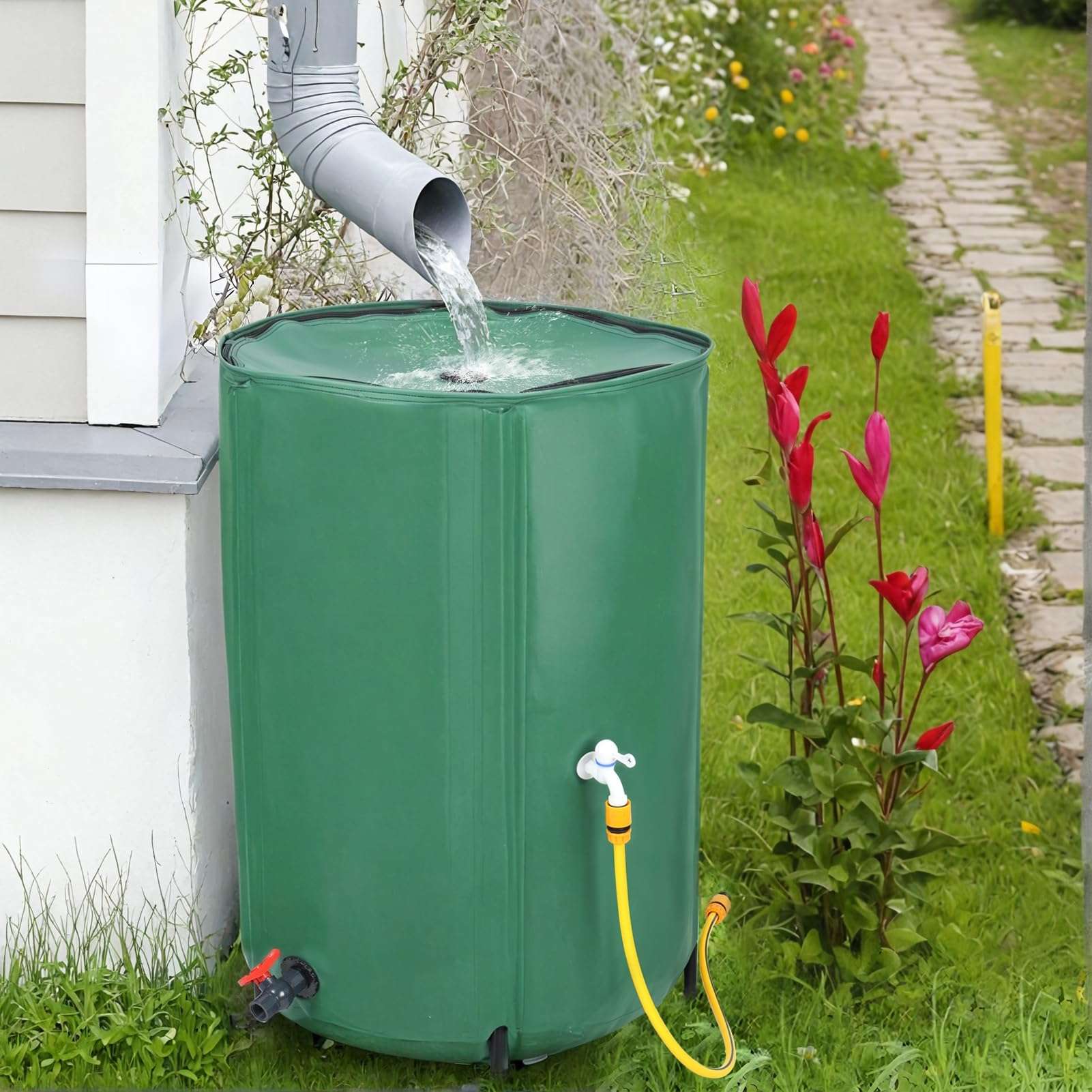 100 Gallon Collapsible Rain Barrel, Foldable Water Storage Tank with Leak-Proof, Dual Spigots, Mesh Top, Water Catcher Container for Gardens Lawns, Rain Barrel Water Collection System 100 Gallon 4