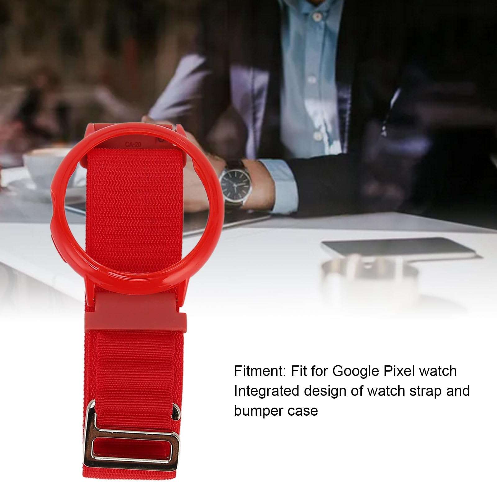 Watch Band Replacement with Plastic Protective Bumper Case, Adjustable Wristband Strap Elastic Fabric Nylon Watch Band for Pixel (Red with Red Case) 6