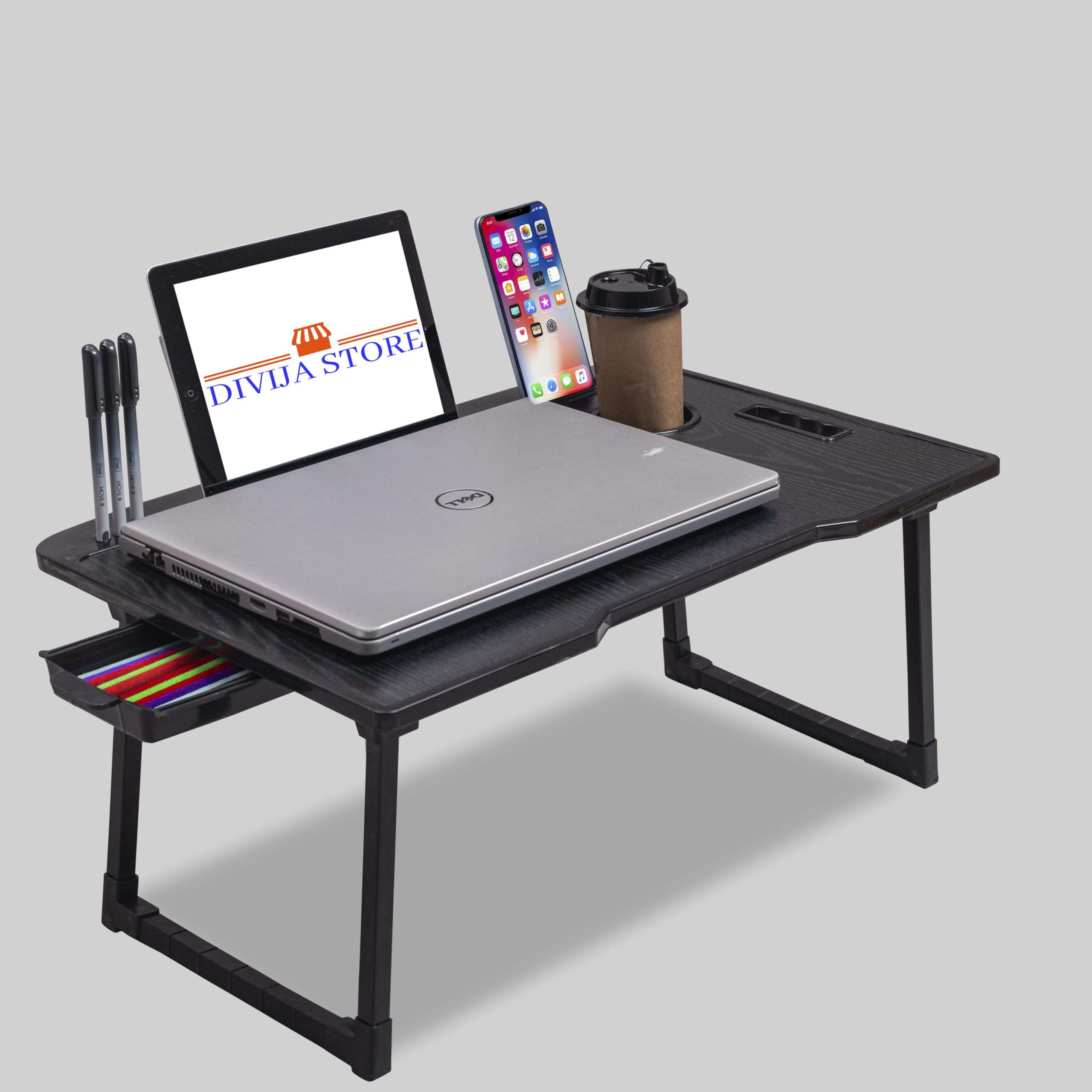 DIVIJA STORE Study Table Bed Table Premium Laptop Table/And Portable Plastic/Writing Desk For Office/Home/School (Black COTTED), 59 cm 1