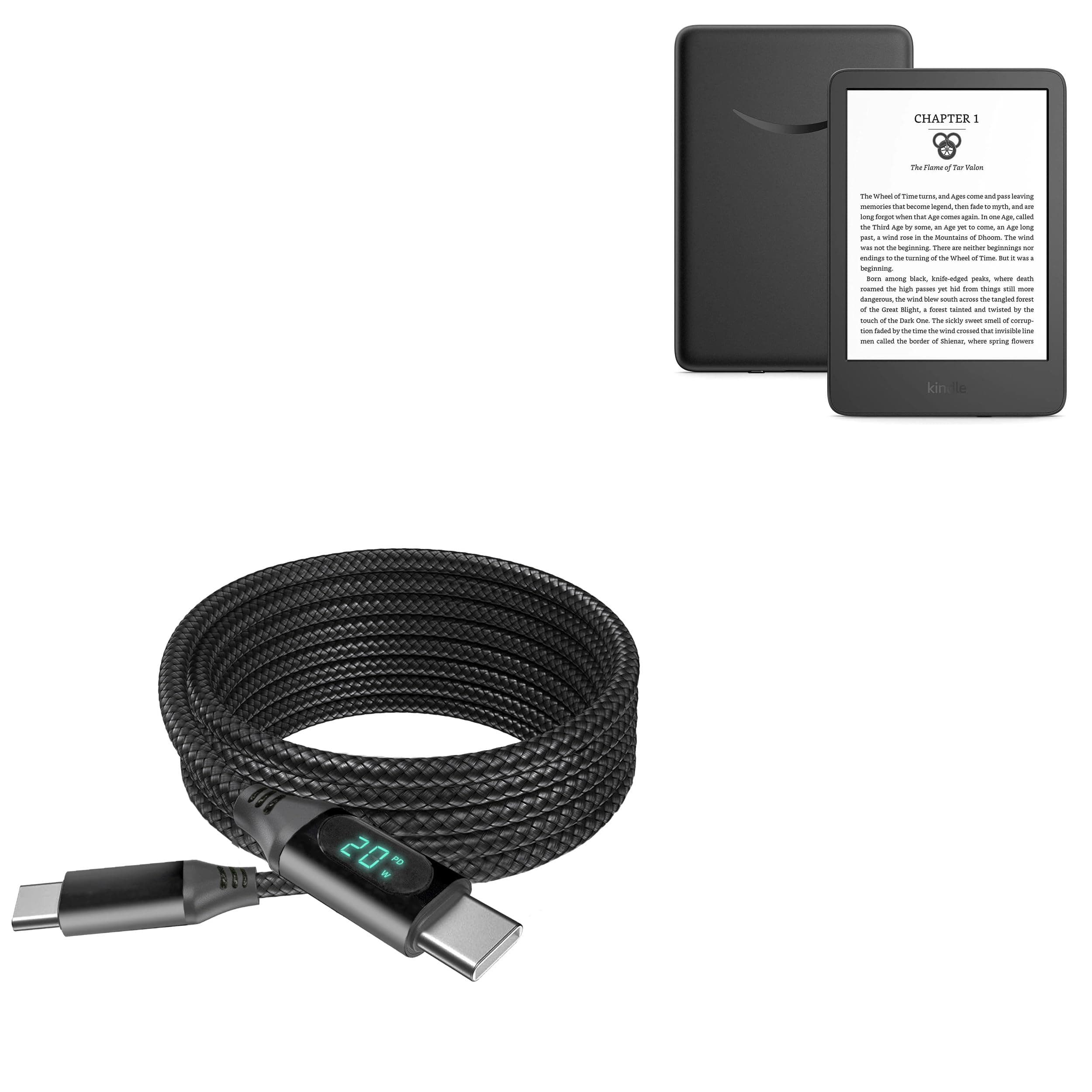 BoxWave Cable Compatible with Amazon Kindle (11th Gen 2022) - PowerDisplay PD Cable (6ft) - USB-C to USB-C (100W), LED Wattage Info Extra Long Braided Nylon - Jet Black