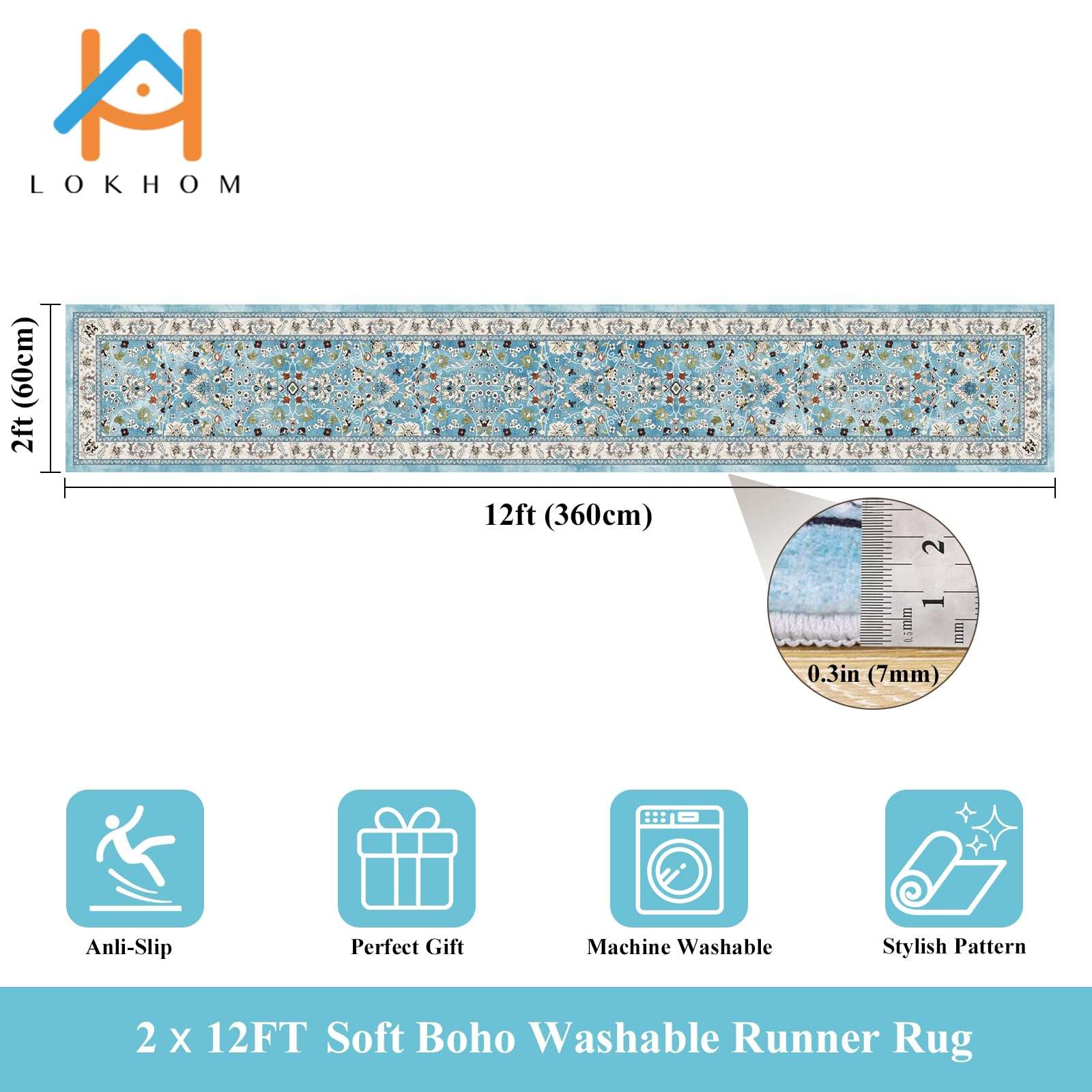 LOKHOM Washable Area Rug, 3x5 Non-Slip Kitchen Area Mat Vintage Living Room Rug with Rubber Backing, Boho Floral Faux Wool Farmhouse Bedroom Area Carpet for Bedroom Bathroom Kitchen Laundry(Teal) 2