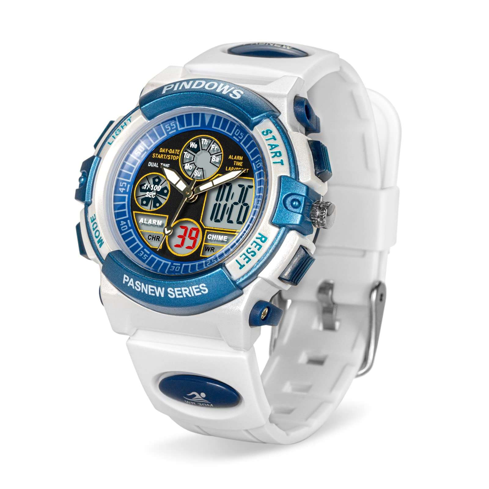 Digital Sport Watch for Boys Girls, Waterproof Sports Outdoor Kids Dual Display Wristwatch with LED Light Alarm Stopwatch (White)