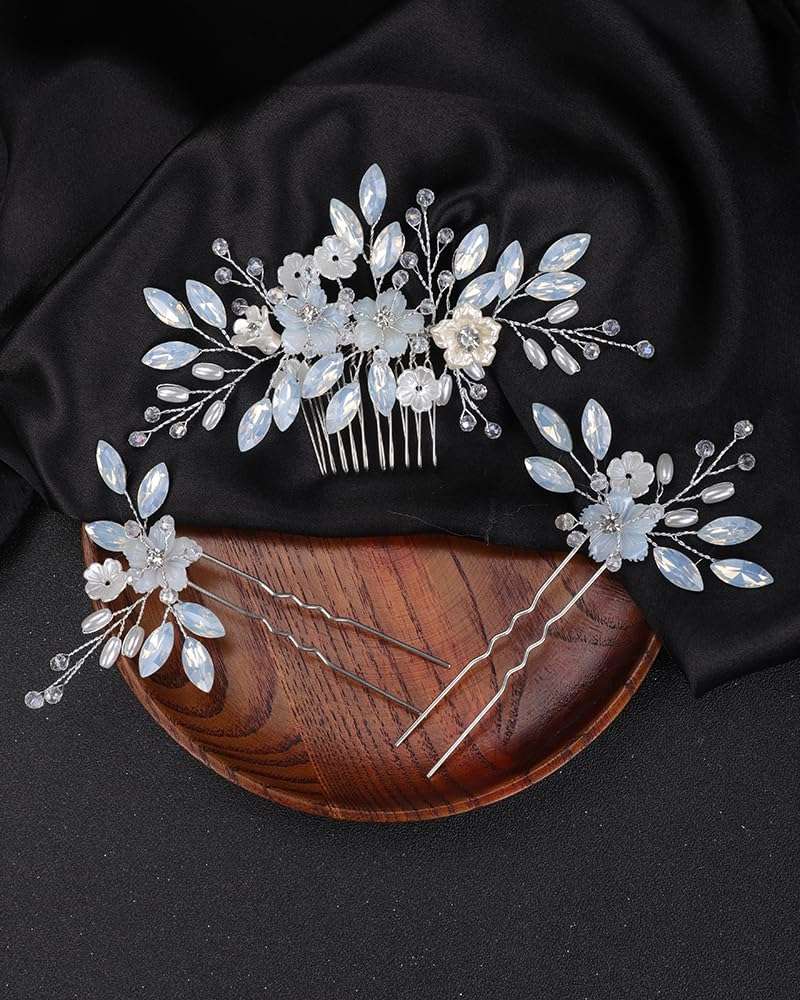Rumtock Opal Crystal Beads Silver Hair Comb Hair Pins Set for Wedding Brides Women Banquet Dancing Ball Handmade Hair Piece (Silver) 3