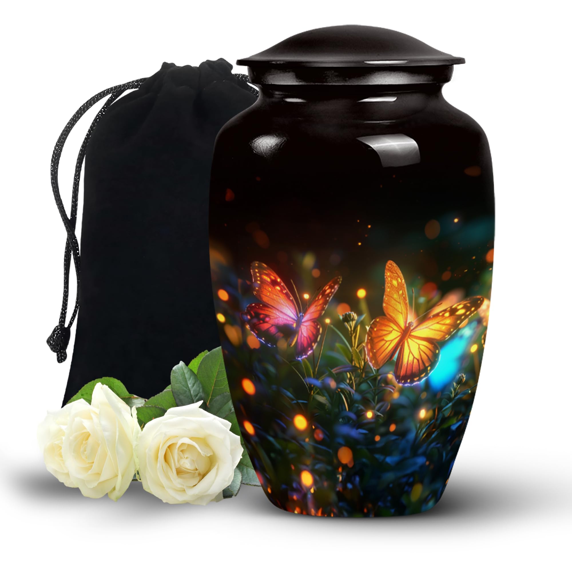 MUKTIVE Glowing Butterfly Urns for Human Ashes Adult - 10" Cremation Keepsakes - Black Urns for Mom and Dad - Memorial Tribute Butterfly Funeral Keepsake - Dog Ashes Holder with (Velvet Urn Bag)