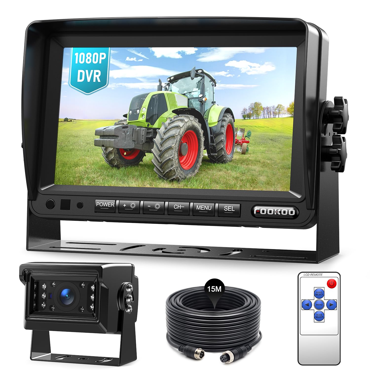 Fookoo 7" HD 1080P Wired Backup Camera System, IP69 Waterproof Vibration-Proof Rear View Camera IR Night Vision Dual Split Screen for Tractor/Excavator/Truck/Skid Steer/Harvester/Caravan - DY701