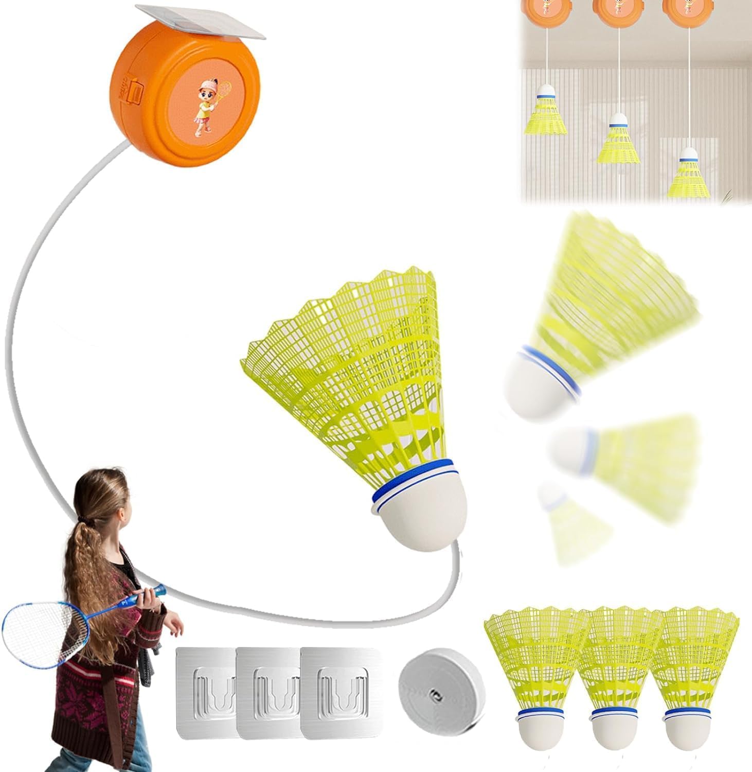 Proberos® Indoor Badminton Training Device for Kids, with 6 Badmintons and Strings, Reaction Training Toy Self-Adhesive Simple Hanging-No Racket