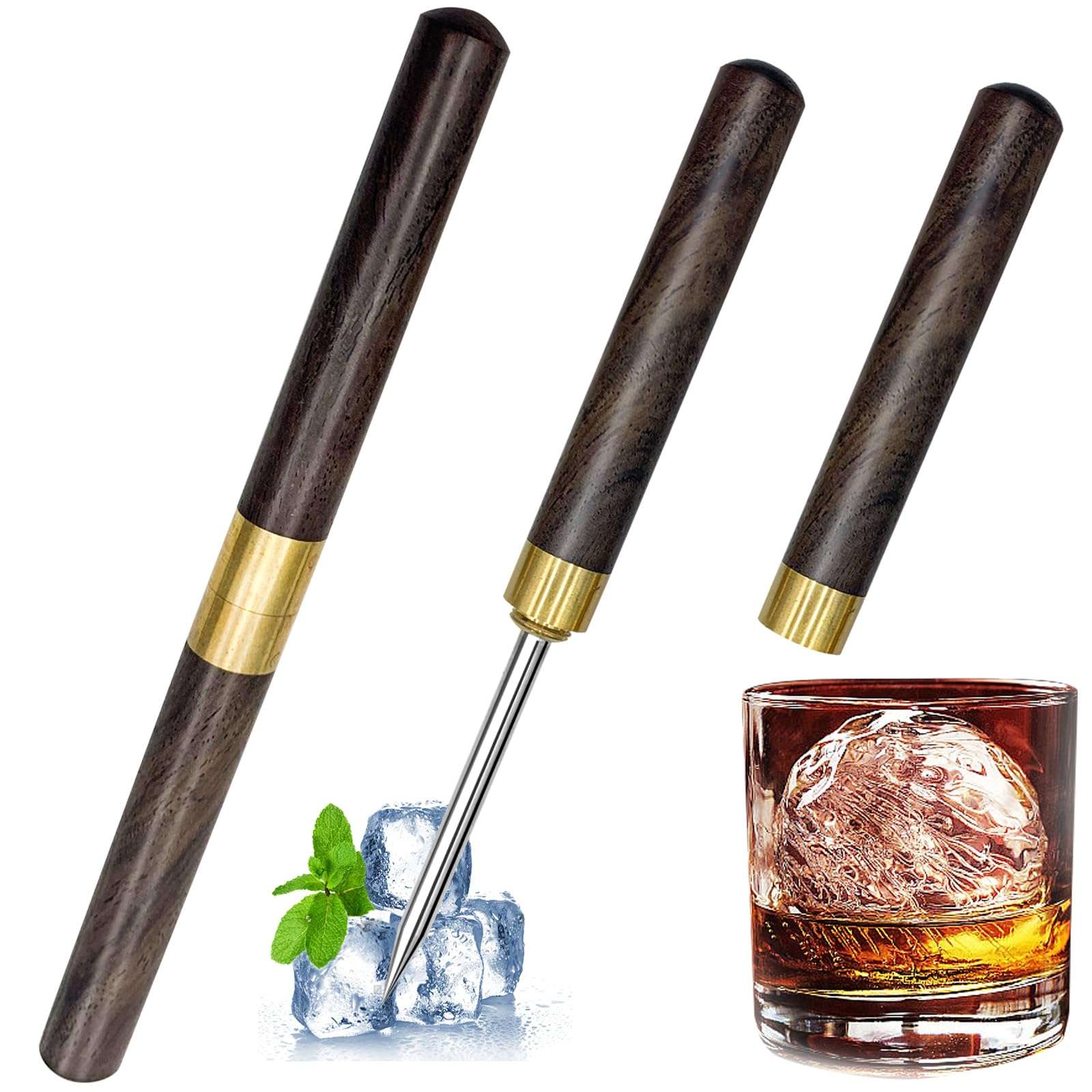 FJCTER 2 Pack Ice Pick for Breaking Ice, 6.8" Stainless Steel Ice Picks with Ebony Wooden Handle and Safety Cap, Multi-Purpose Ice Picks for Bars, Kitchens, Camping, Bartenders 1