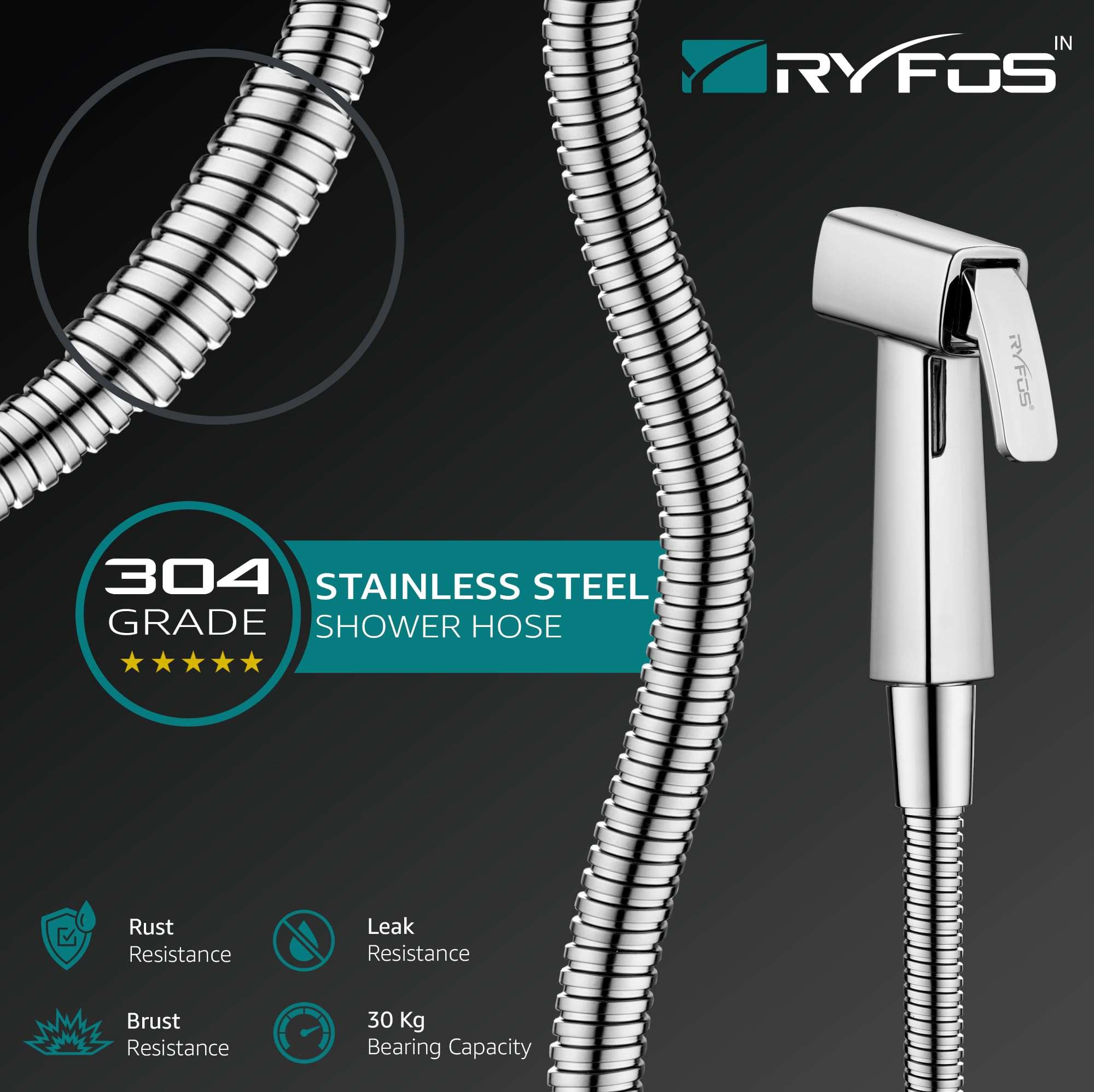 Ryfos India’s 1st Brand with Lifetime Support, R1030HF, ABS Health Faucet, Jet Spray for Toilet with 1-1.2 Mtr SS-304 Flexible Hose Pipe & Wall Hook, Chrome Finish 6