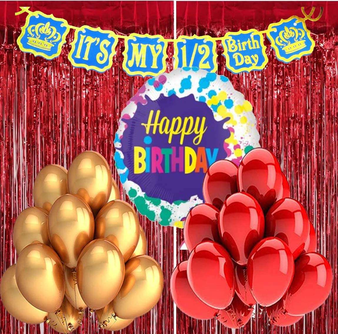 6 Months Birthday Decorations for Boy with HBD Foil Balloon, 20 Metallic Balloons and Curtains (GoldBlue) 1