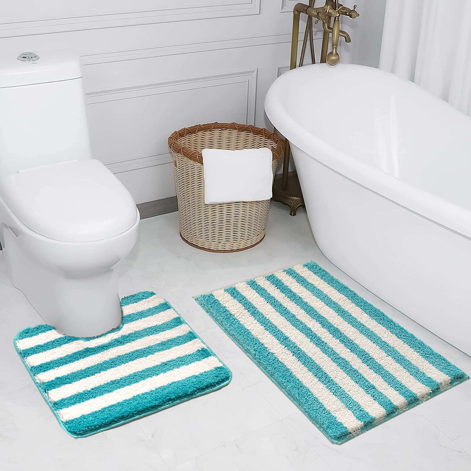 Roseate Elegance Super Soft (40x60 + 40x50 cm) Microfibre Solid 2000 GSM Mat with Contour Super Absorbent Anti Skid Mats for Bathroom/Bedroom/Kitchen/Door Mat/Floor Mat (Peacock) Pack of 2 1