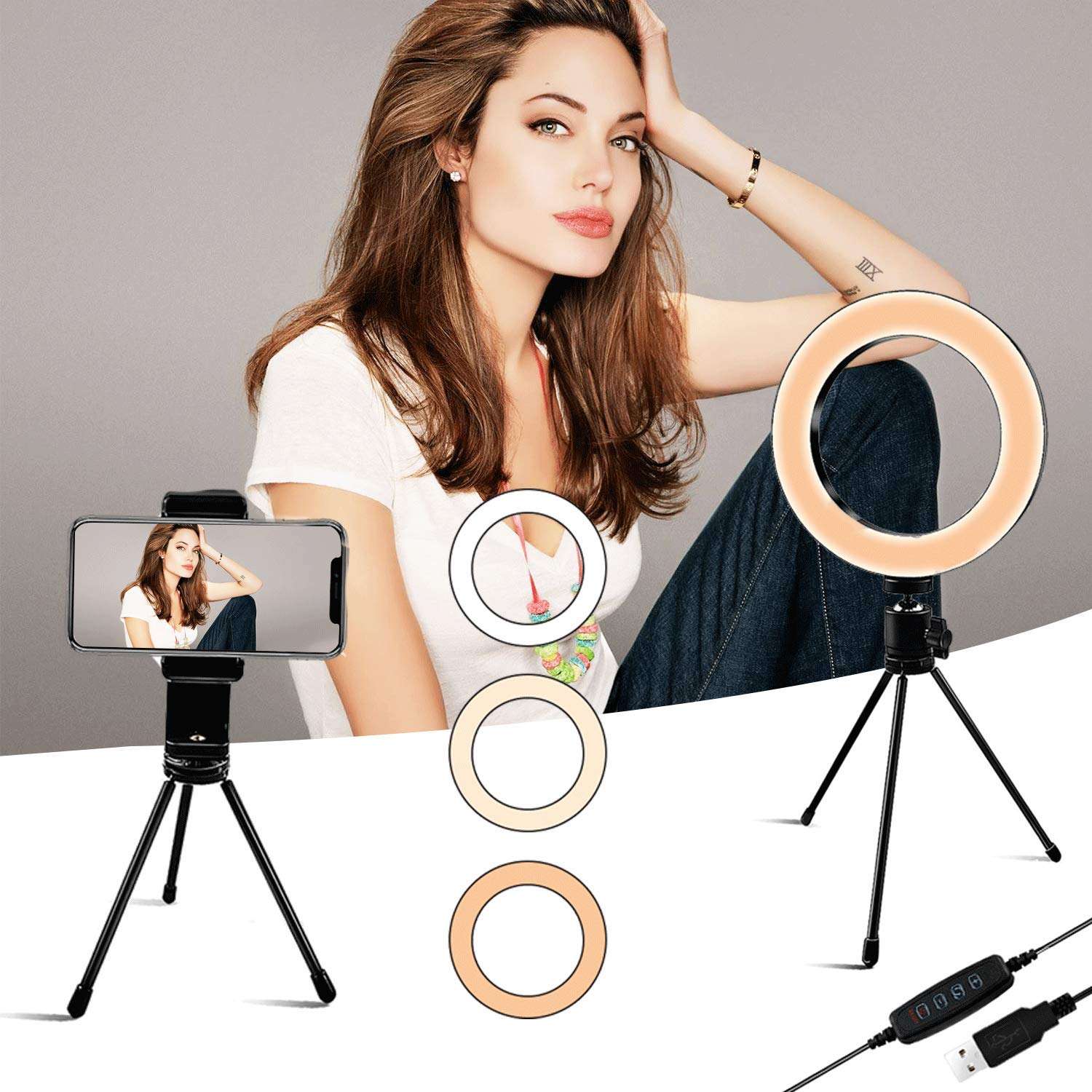 ATPATT 6.3in ring light, with tripod mobile phone holder, LED selfie ring light, with 3 lighting modes and 11 brightness levels, desktop ring light, for YouTube video/photography/makeup live broadcast 2