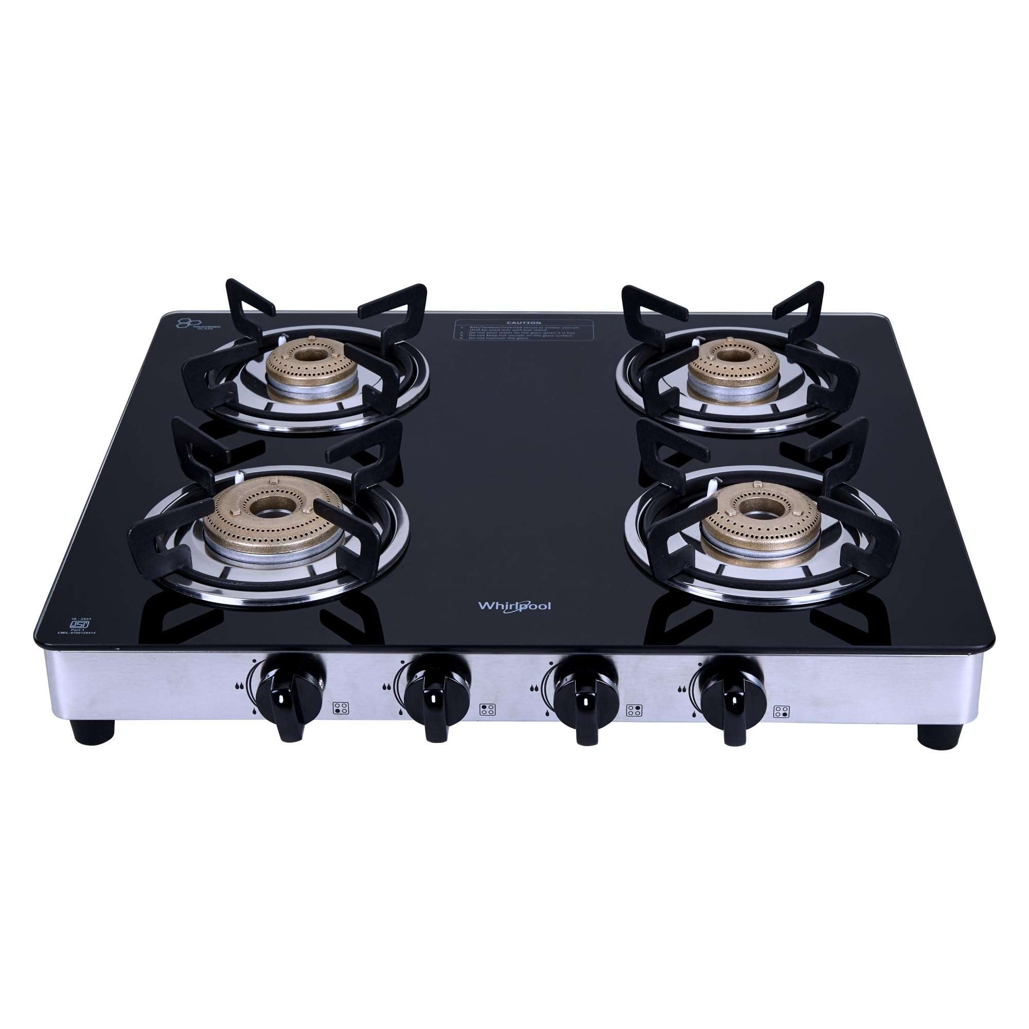 Whirlpool 4 Burner Manul Ignition Gas Stove | Supremo 460 CT | Forged Brass Burners | Toughened Glass Top | Double Drip Tray | 5-Year Warranty | Black 3