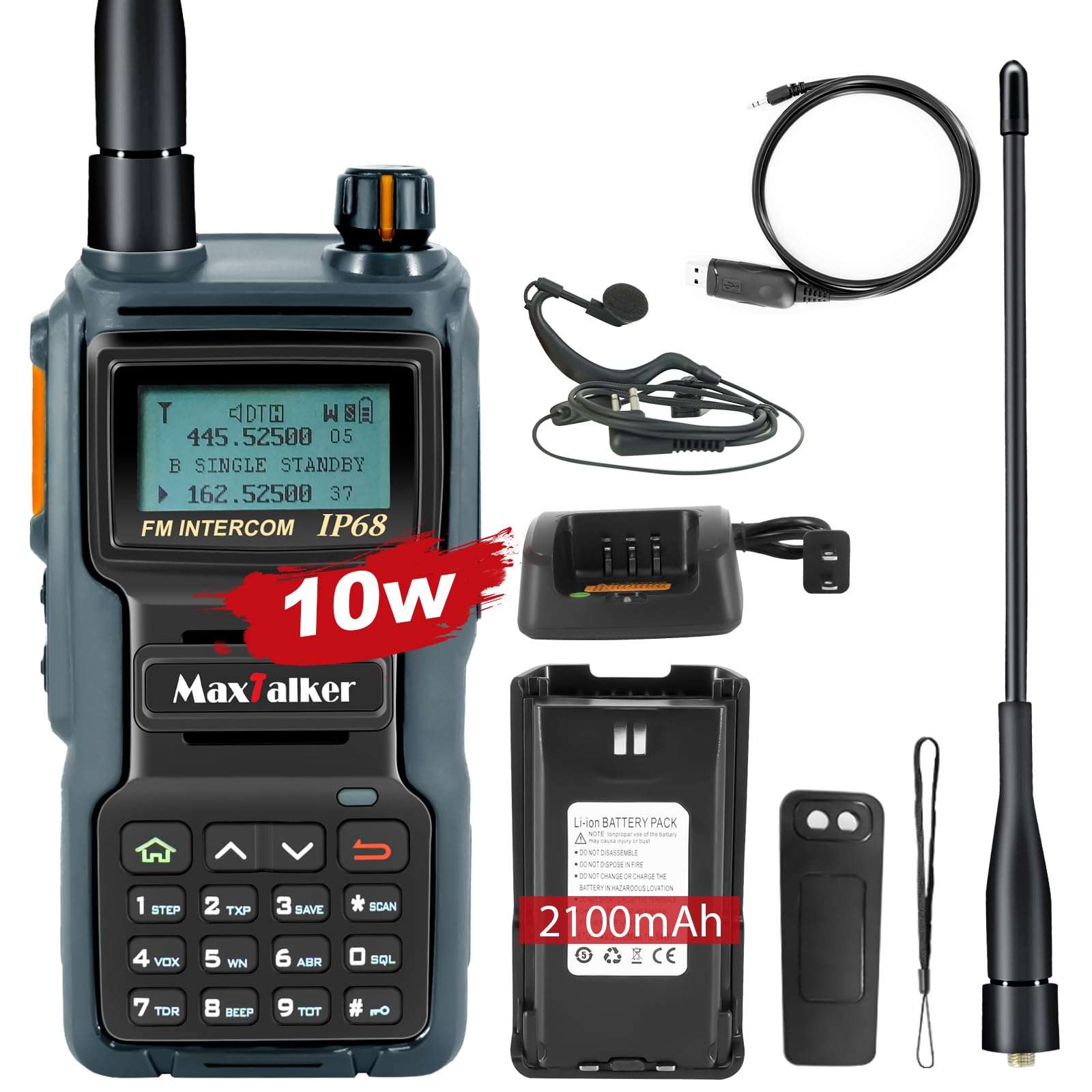 MaxTalker TK-W70 Ham Radio Long Range 10W, GMRS Handheld Radio with Programming Cable, Multi-Band Two Way Radio with 2100mAh Battery, NOAA, IP68 Waterproof Ham Radio 1