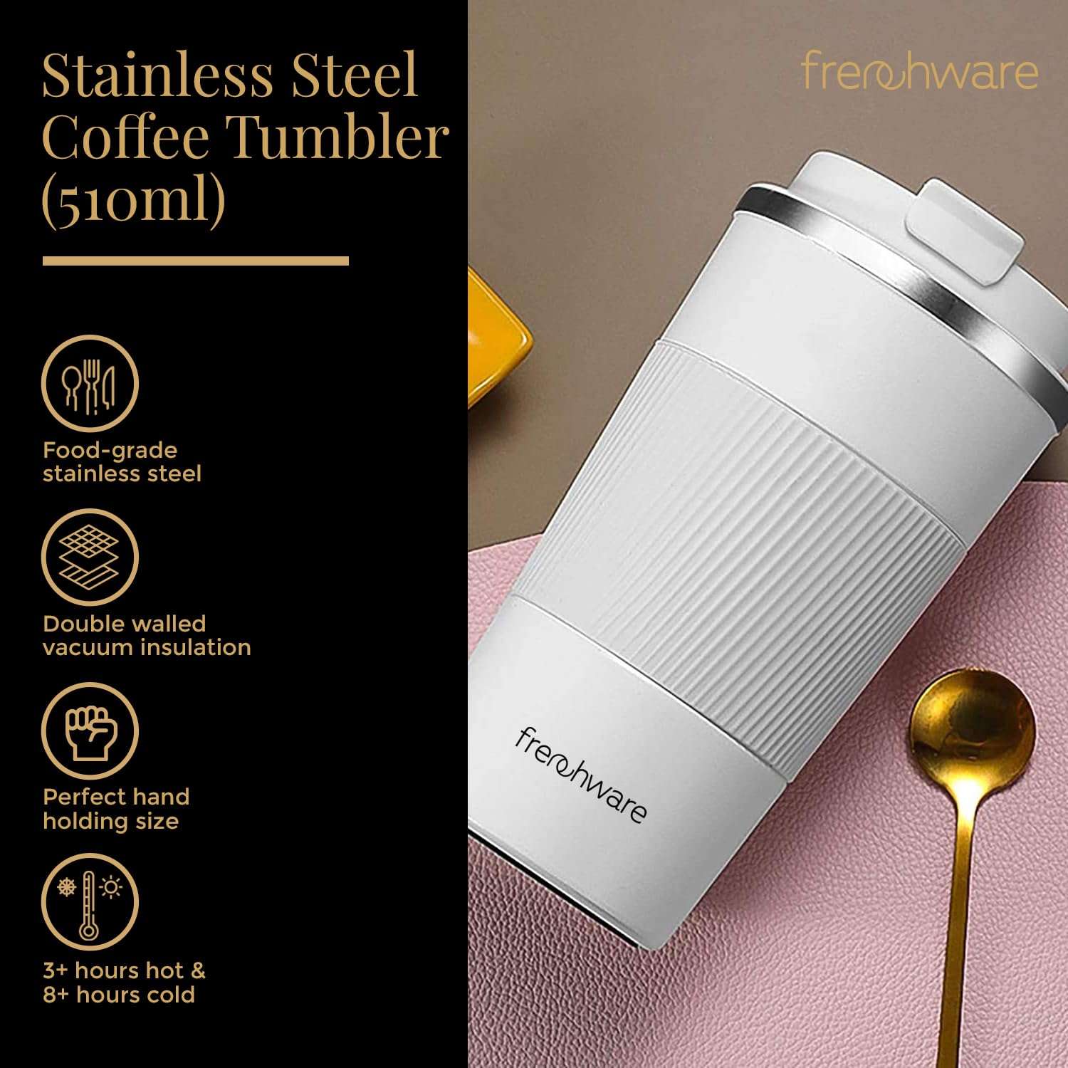 Frenchware Stainless Steel Vacuum Insulated Mug, Travel Coffee Mug with Leakproof Lid, Reusable for Hot & Cold Coffee Water Tea, 3 Hours Hot & 8 Hours Cold, Non-Slip Protective Cover (510 Ml, White) 3
