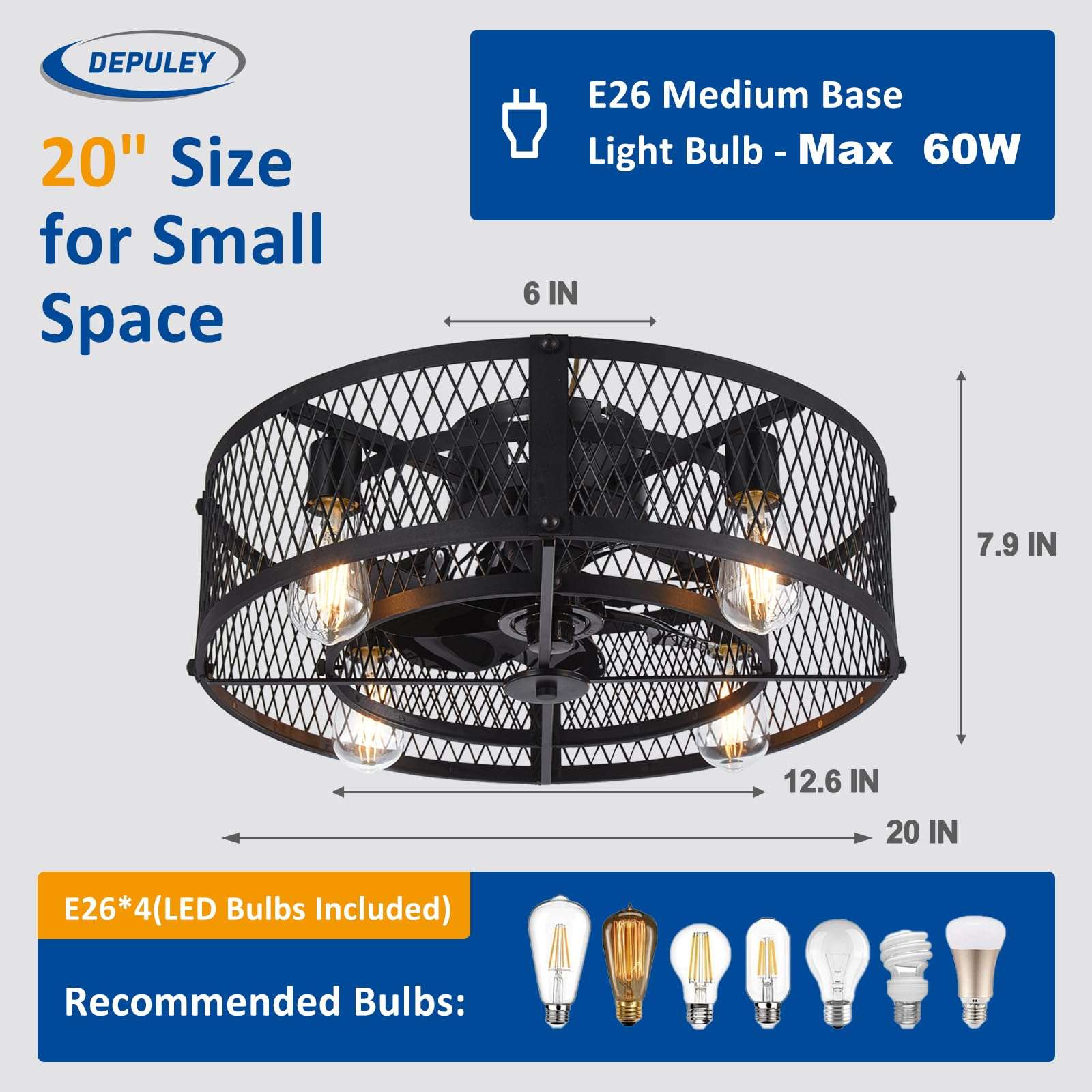 Depuley Small Ceiling Fan with Lights: Low Profile Ceiling Fan Reversible 20" - Industrial Caged Flush Mount Ceiling Fans Light fixture 6 Speeds for Kitchen Bedroom Black E26 Base Bulbs Included 4